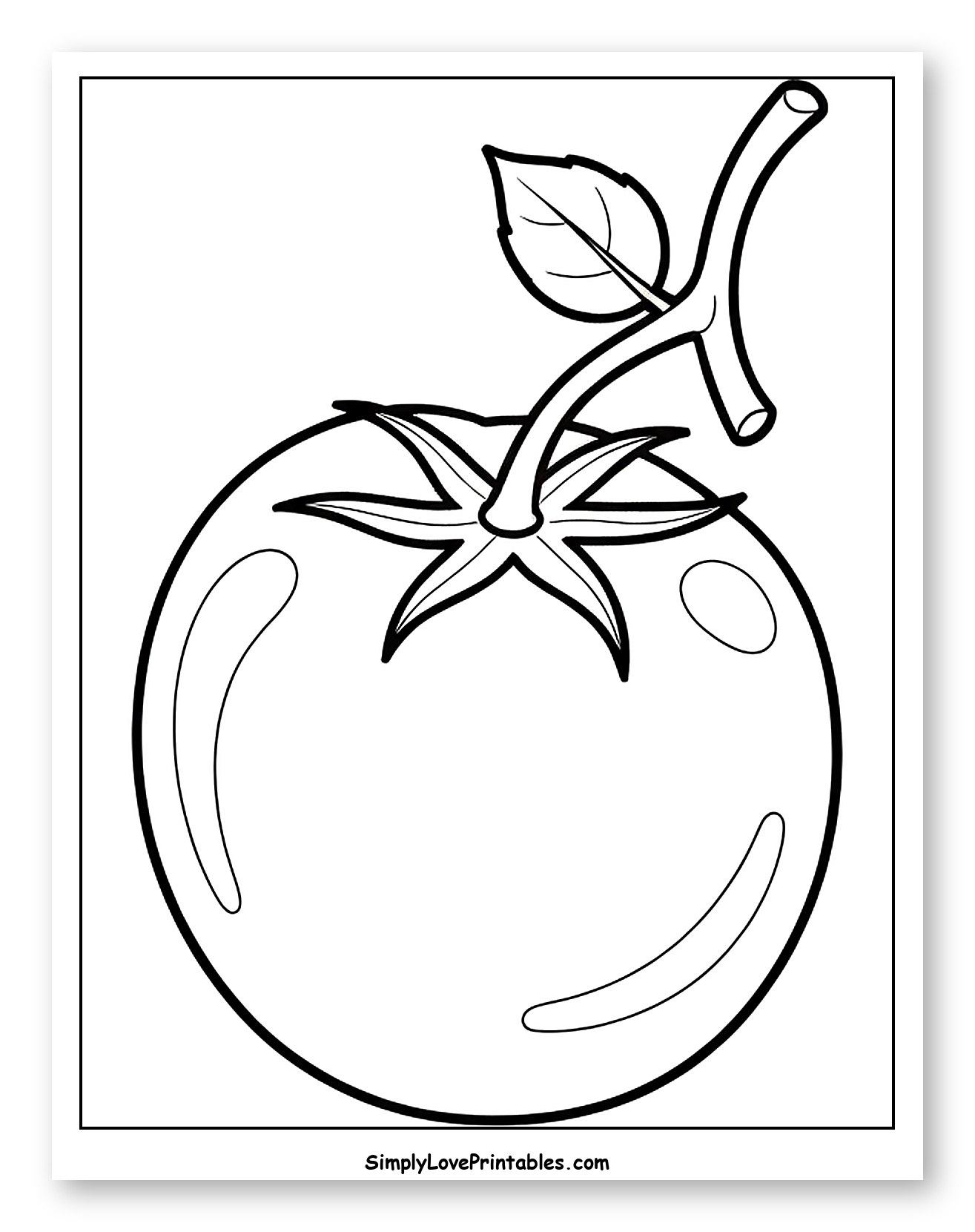 Fresh Tomato with Stem and Leaf Coloring Page for Toddlers