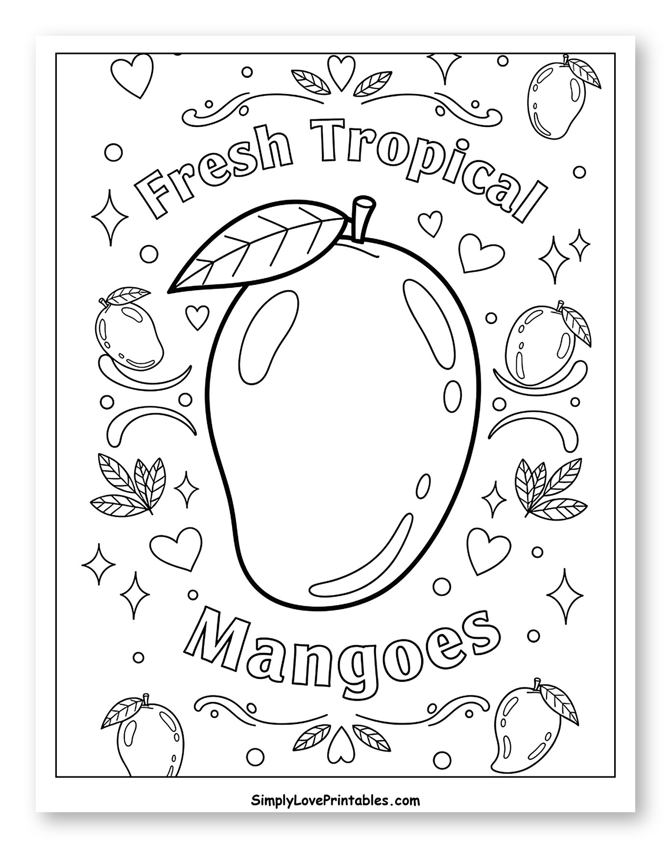 Fresh Tropical Mangoes with Hearts and Stars Coloring Page for Adults