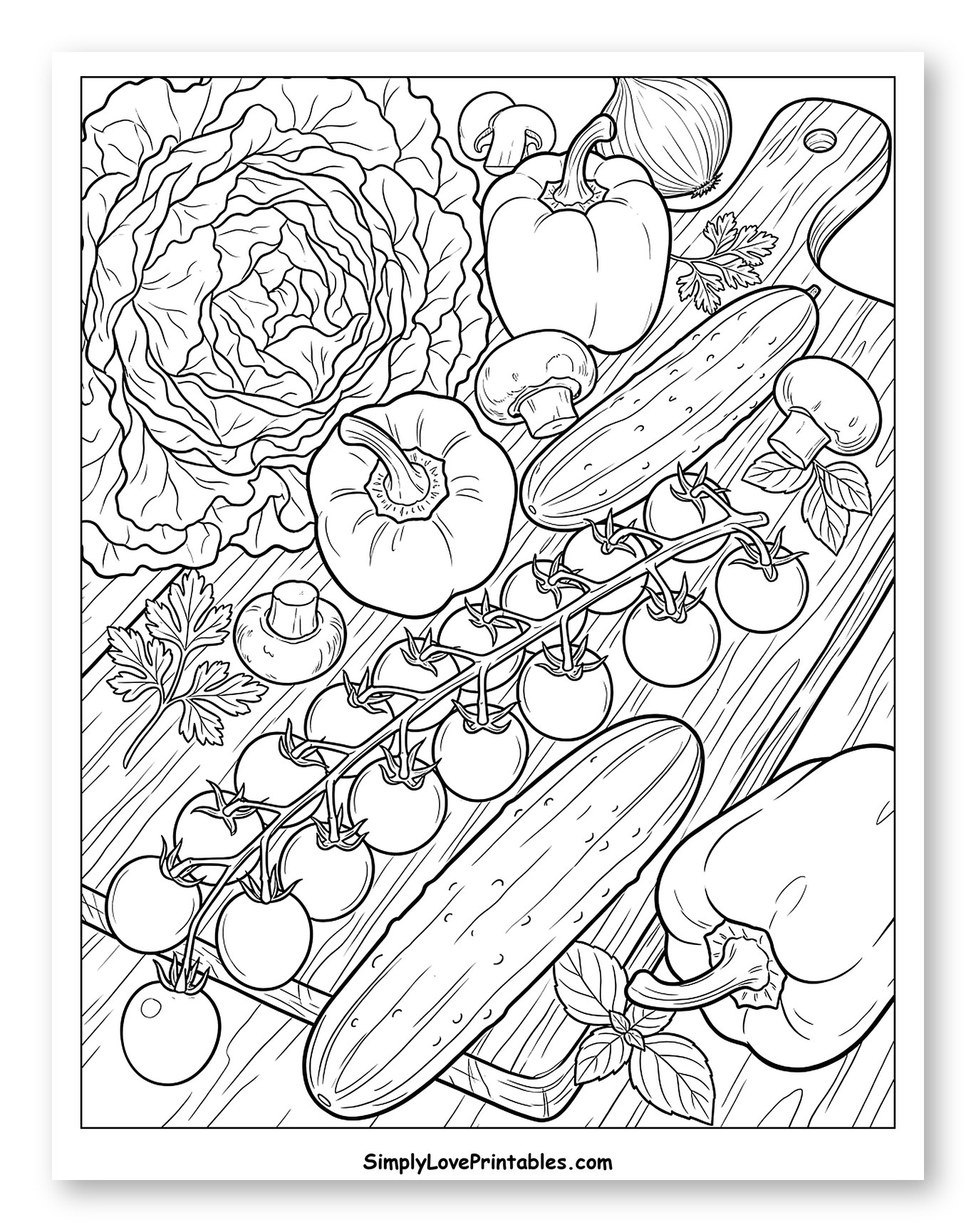 Fresh Vegetables on Wooden Cutting Board to Color