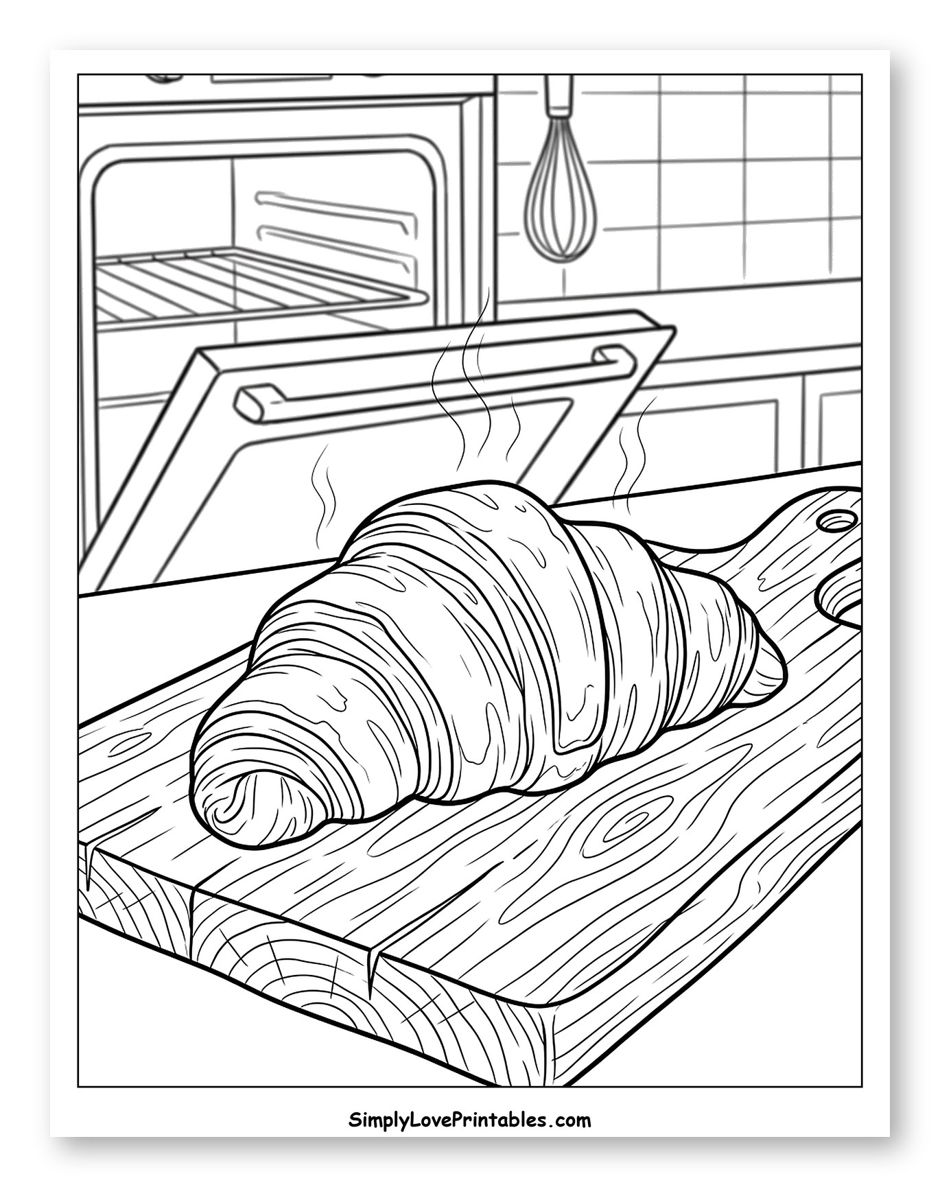 Freshly Baked Croissant on Cutting Board Coloring Page
