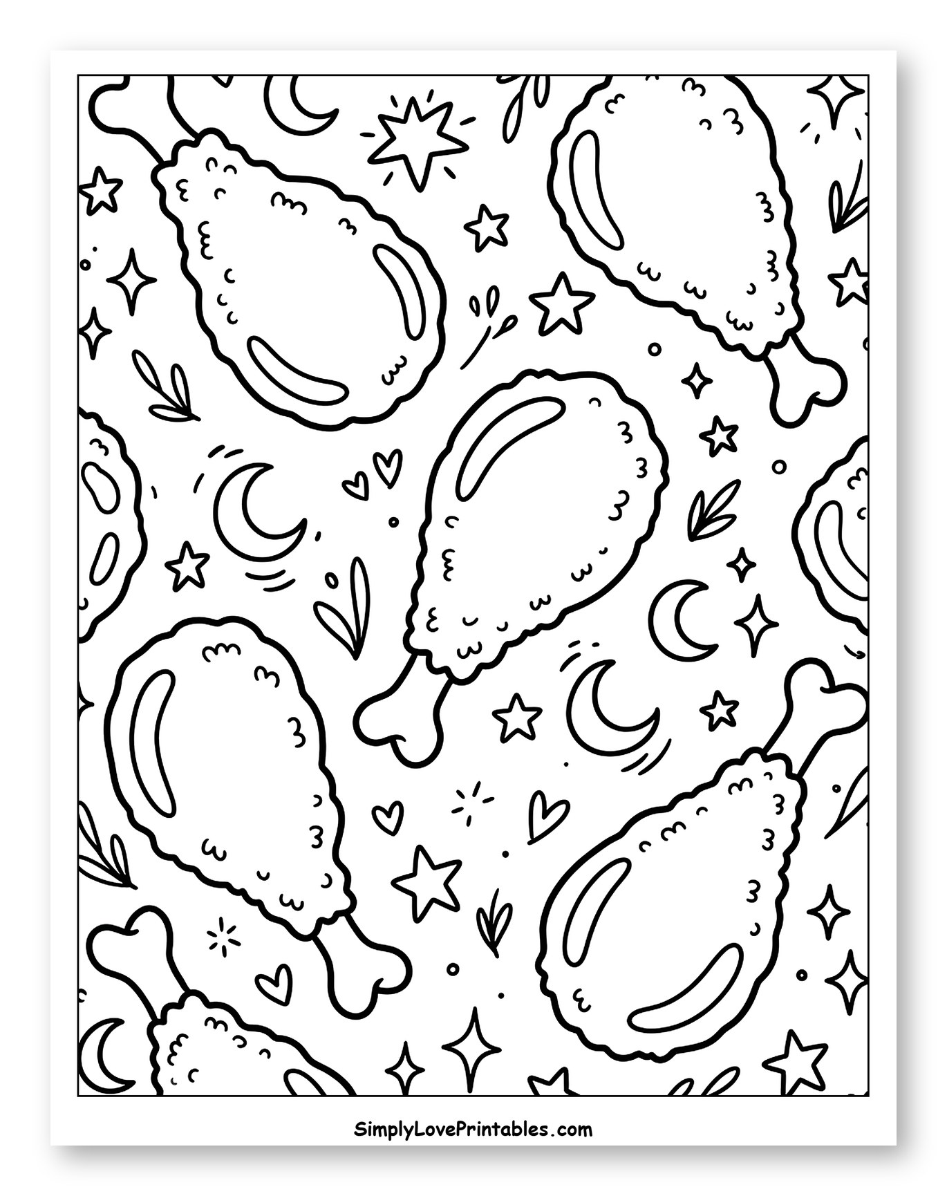 Fried Chicken Drumsticks with Stars and Moons Coloring Sheet for Adults