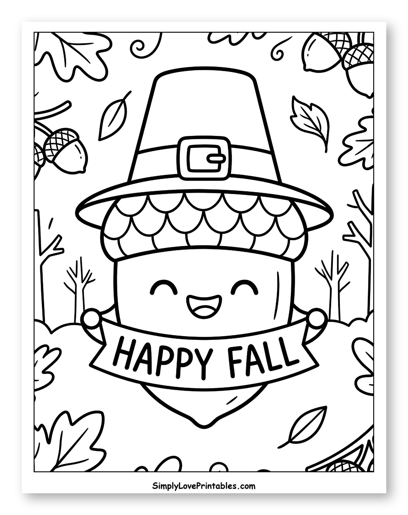 Friendly Acorn Pilgrim Holding Happy Fall Banner