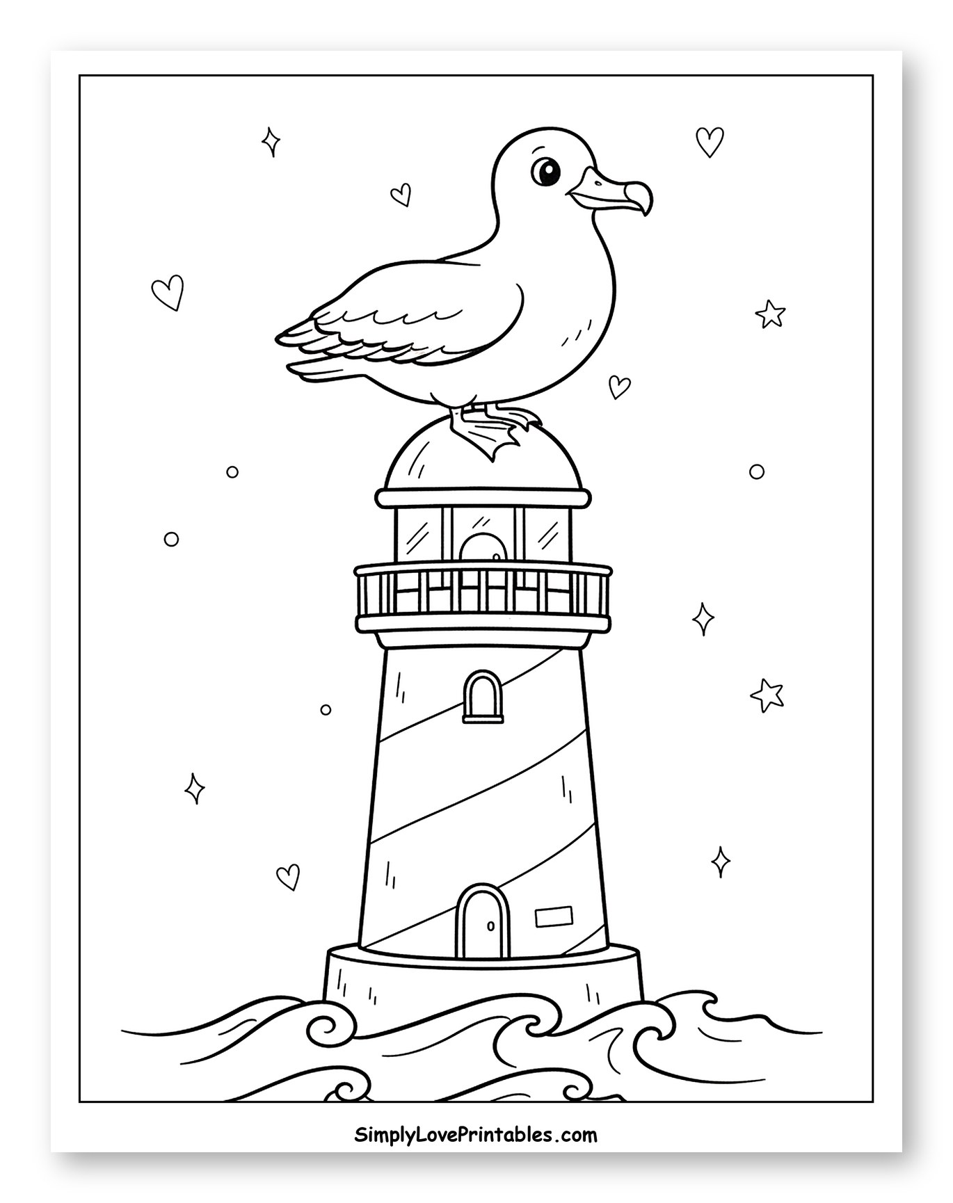Friendly Albatross on Lighthouse at Sea Coloring Page for Adults