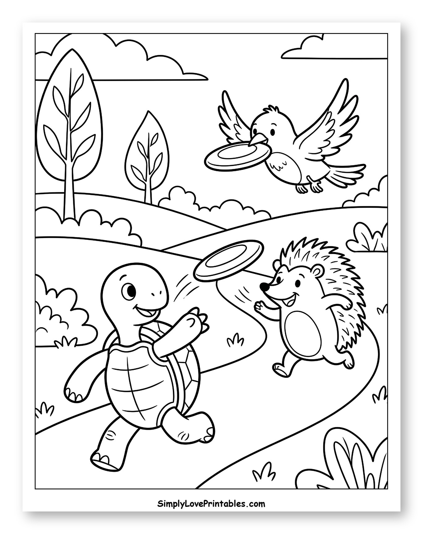 Friendly Animals Playing Frisbee Outdoors to Color for Kids