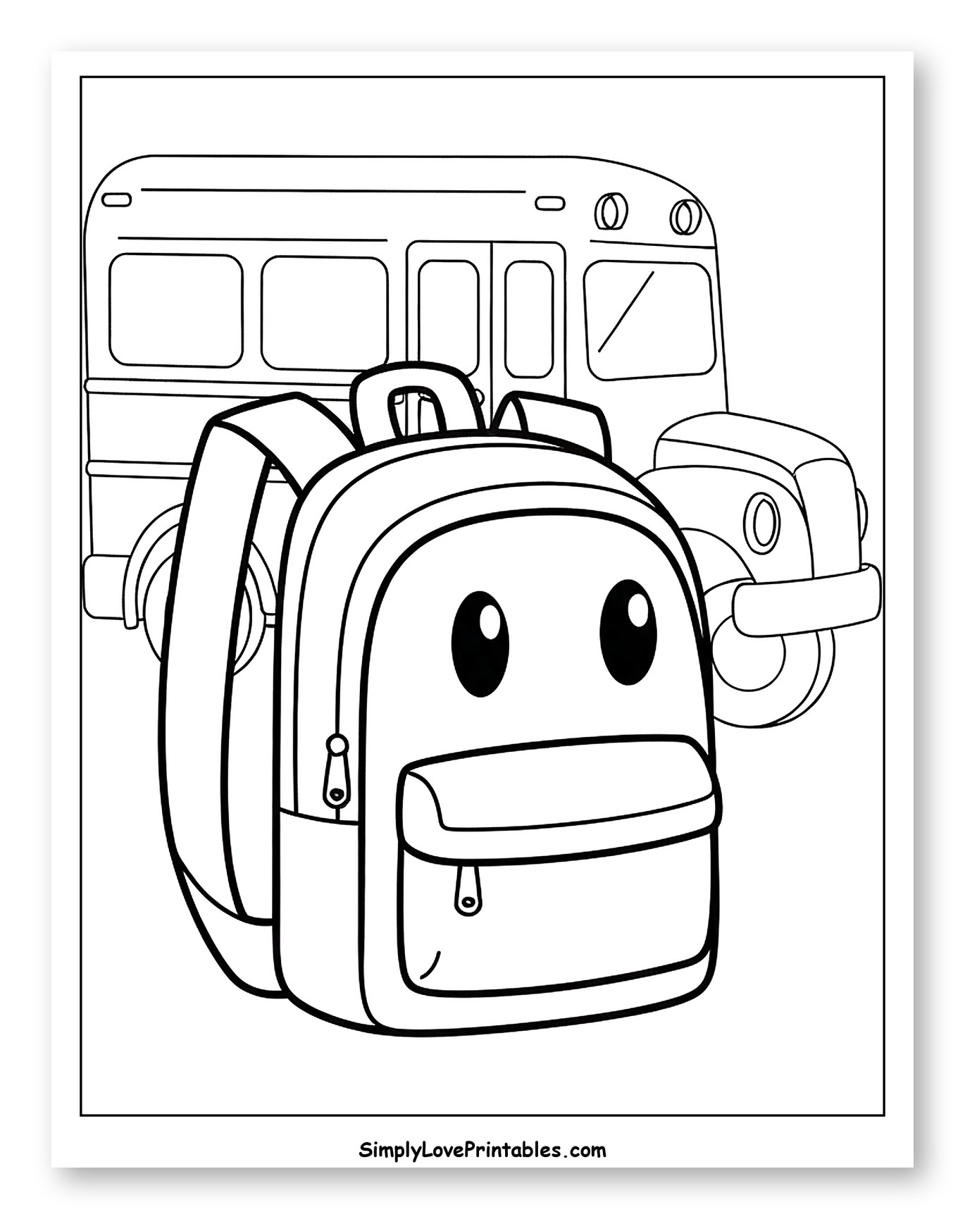 Friendly Backpack in Front of School Bus