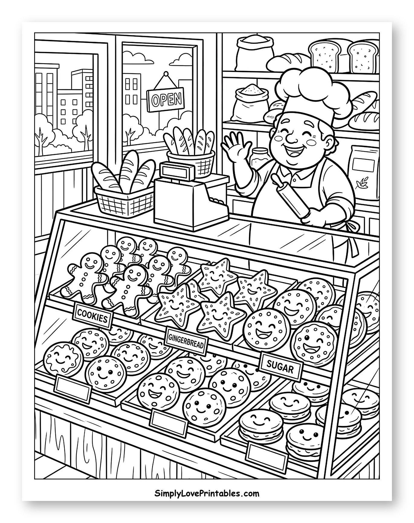 Friendly Baker at a Cookie Shop Coloring Page for Kids
