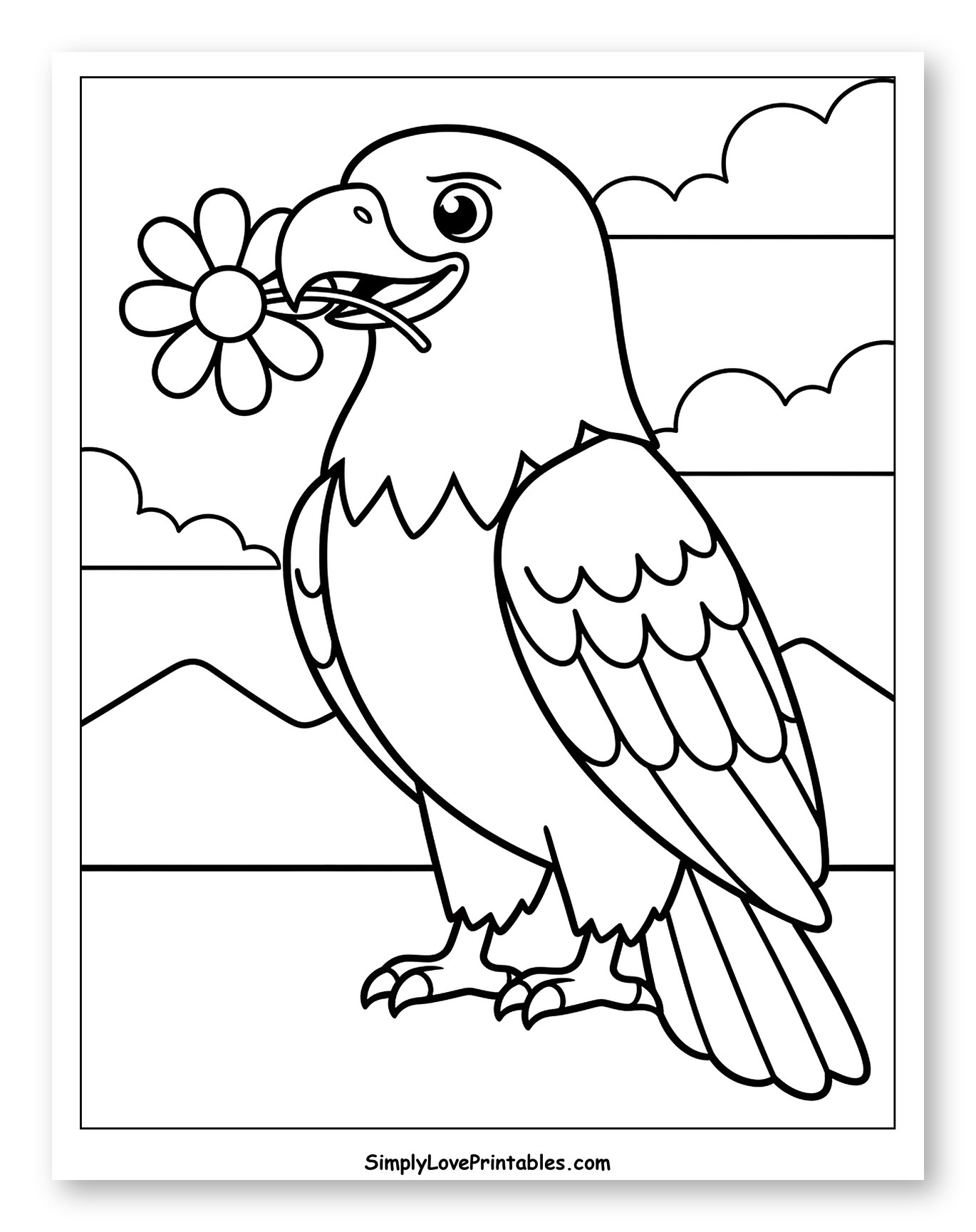 Friendly Bald Eagle Holding a Flower Coloring Sheet for Toddlers