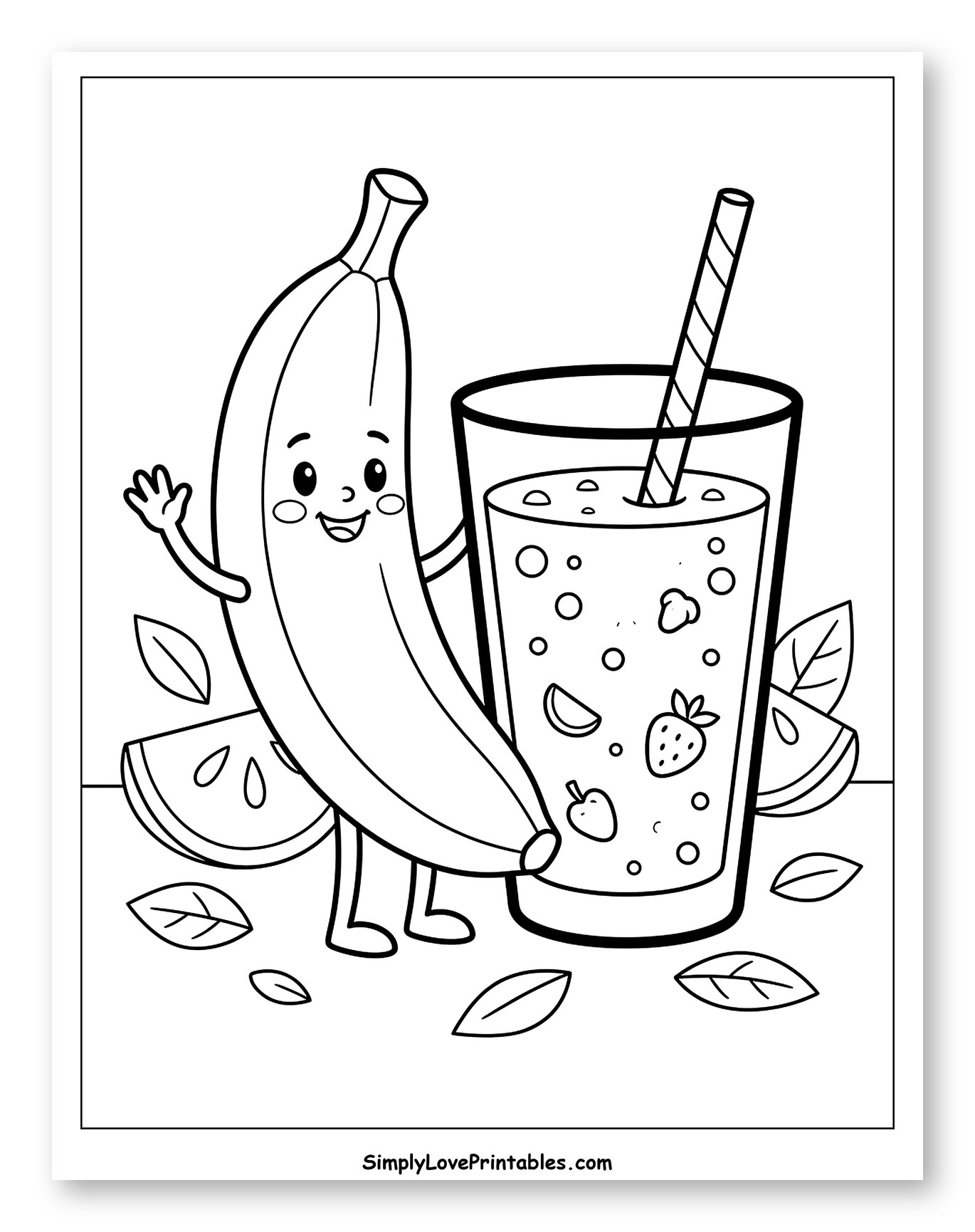 Friendly Banana with a Delicious Smoothie Coloring Sheet for Toddlers