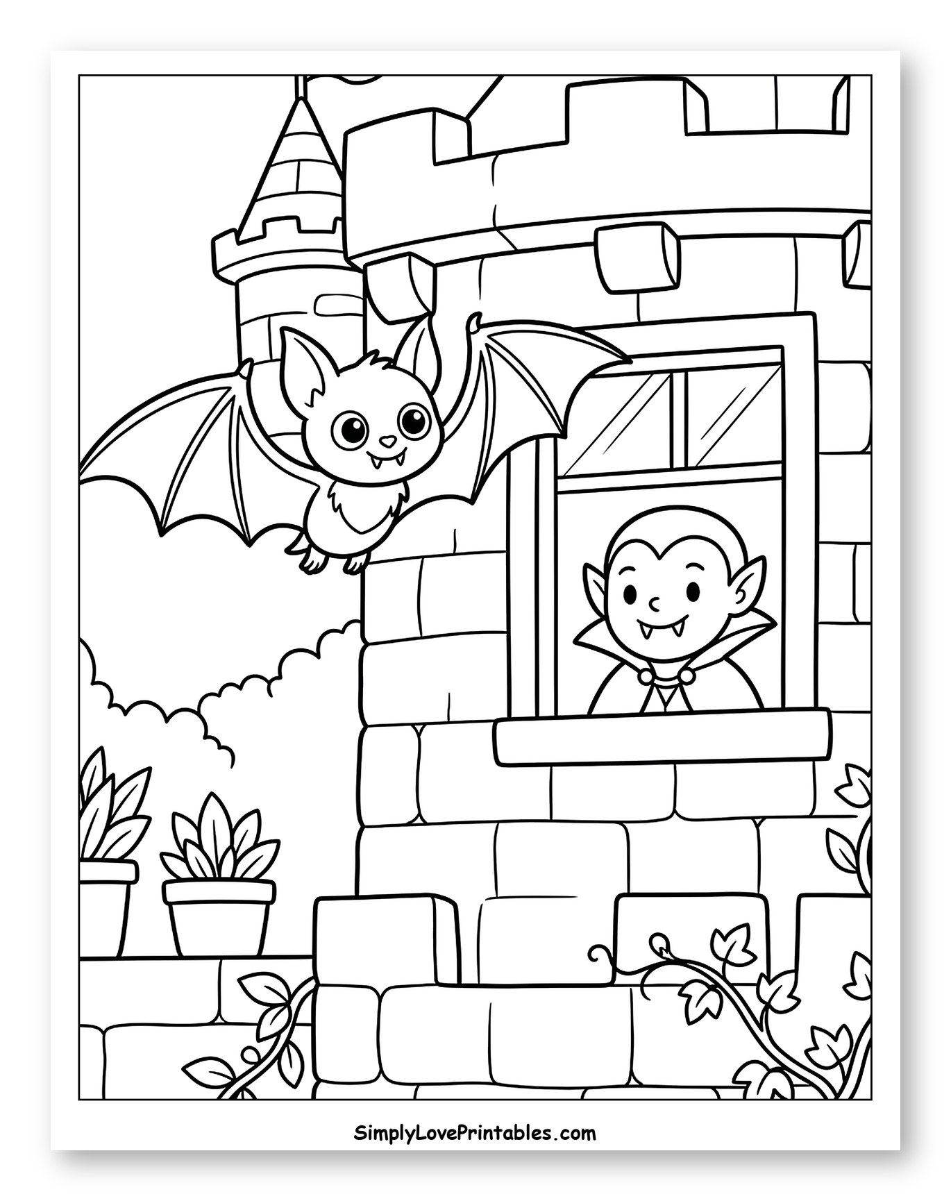 Friendly Bat Visits Vampire at Castle to Color for Kids