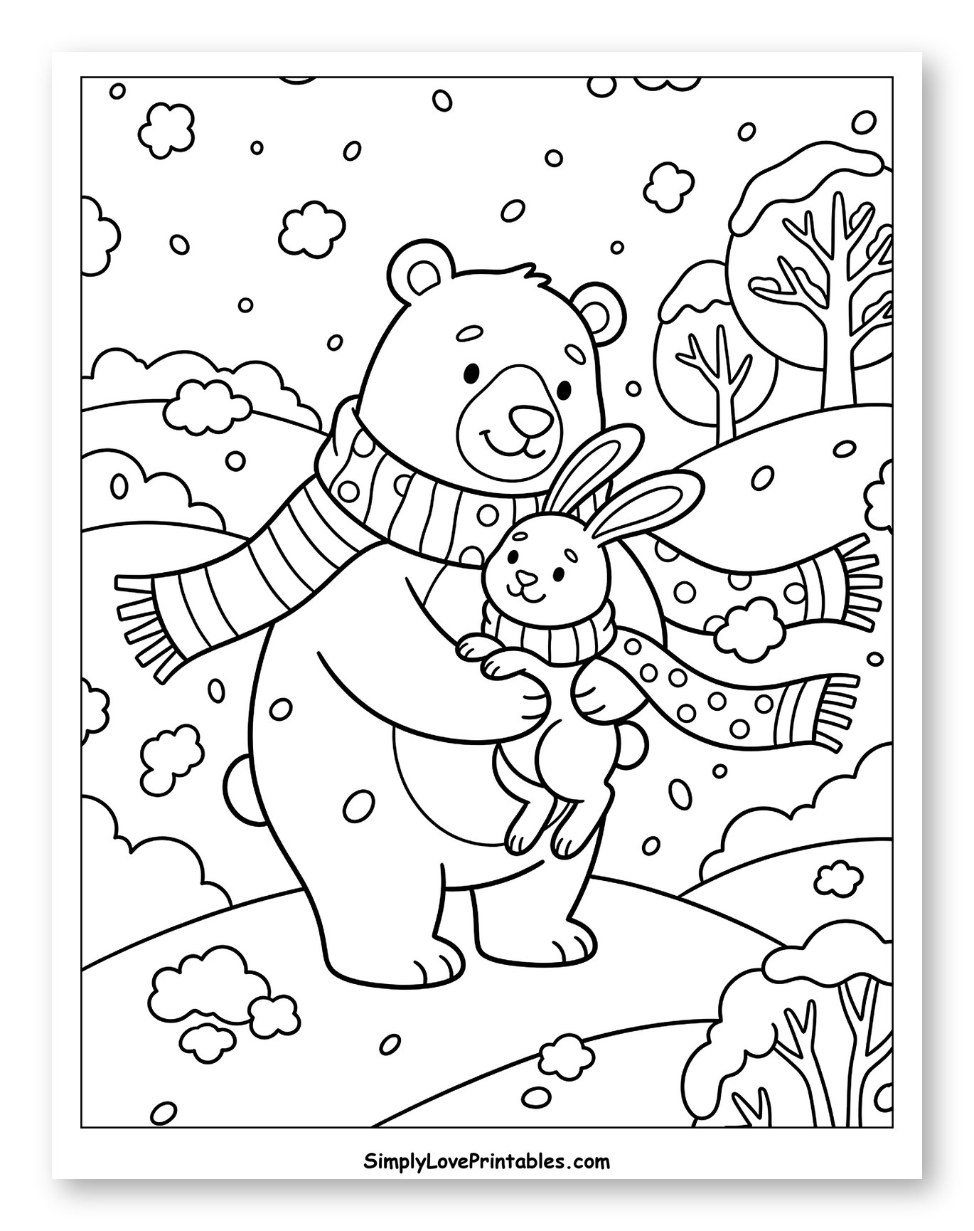 Friendly Bear Hugging Bunny in Snow Coloring Sheet for Kids