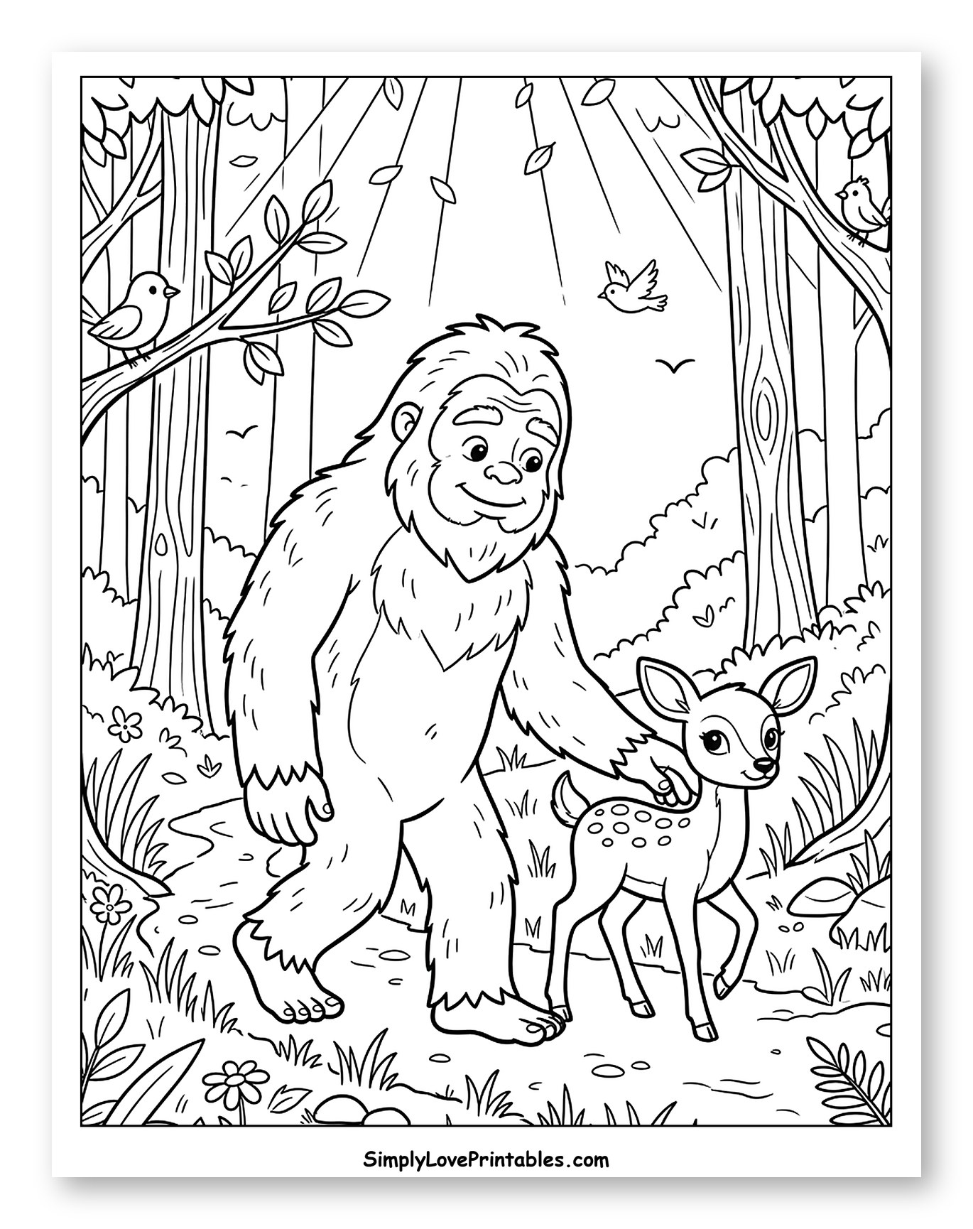 Friendly Bigfoot and Fawn in Forest to Color for Kids