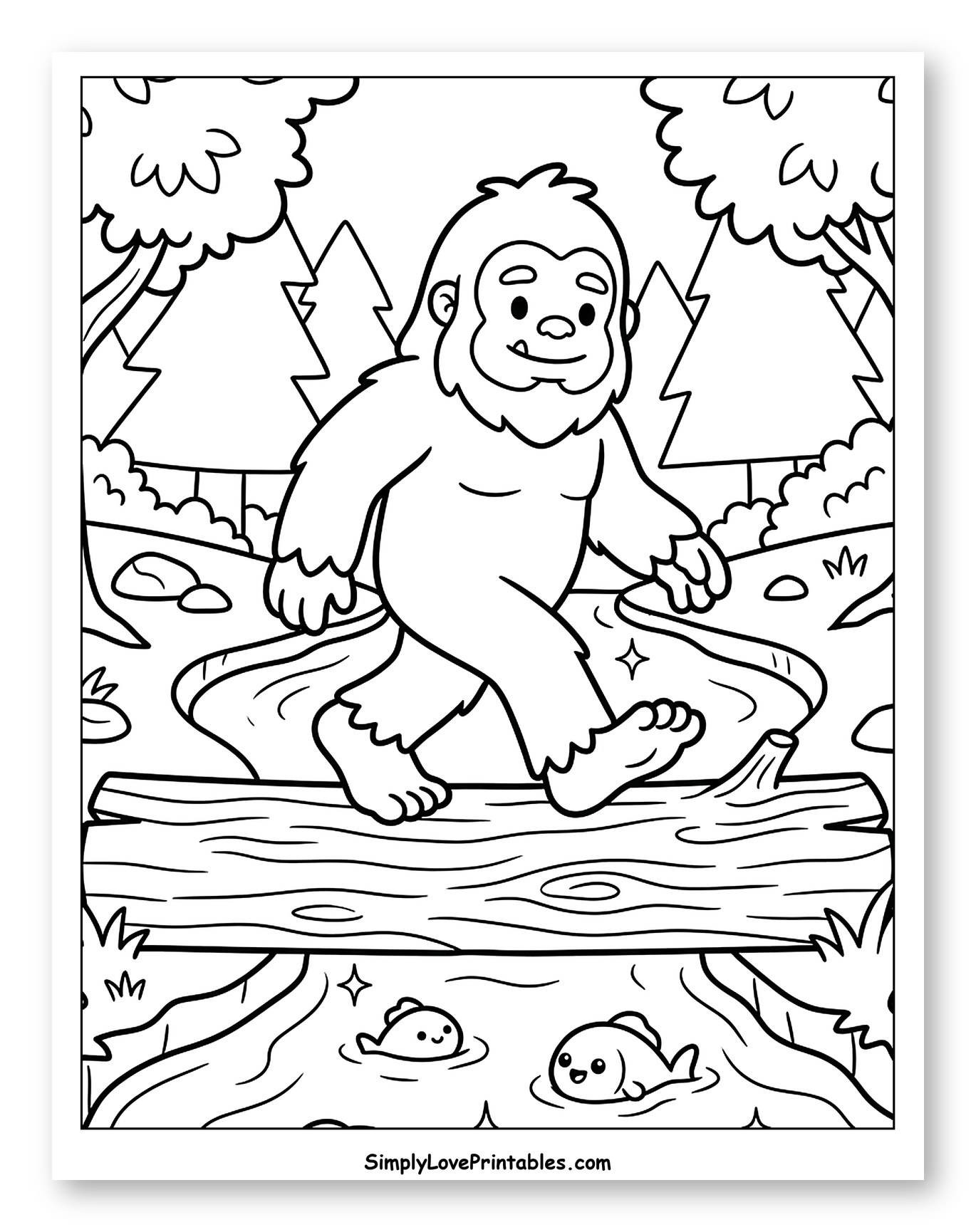 Friendly Bigfoot Crossing Stream on Log to Color for Kids