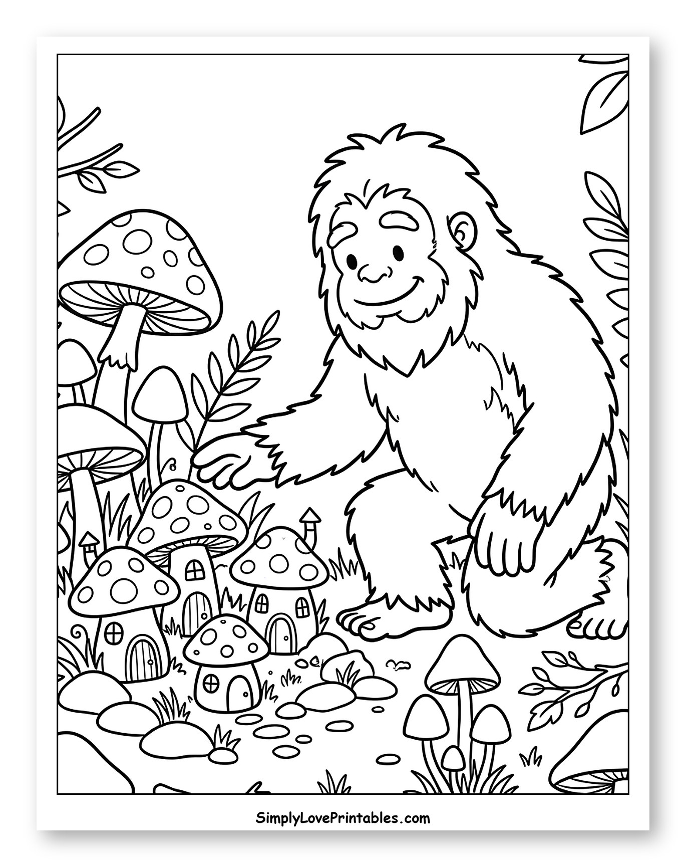Friendly Bigfoot in a Whimsical Mushroom Forest