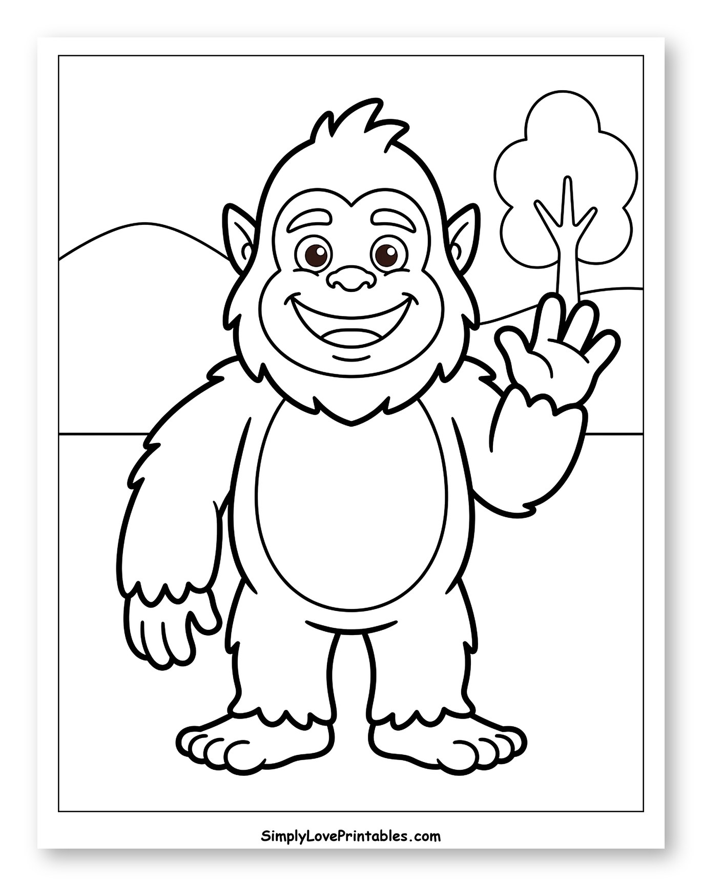 Friendly Bigfoot Monster Waving in Nature Coloring Sheet for Toddlers