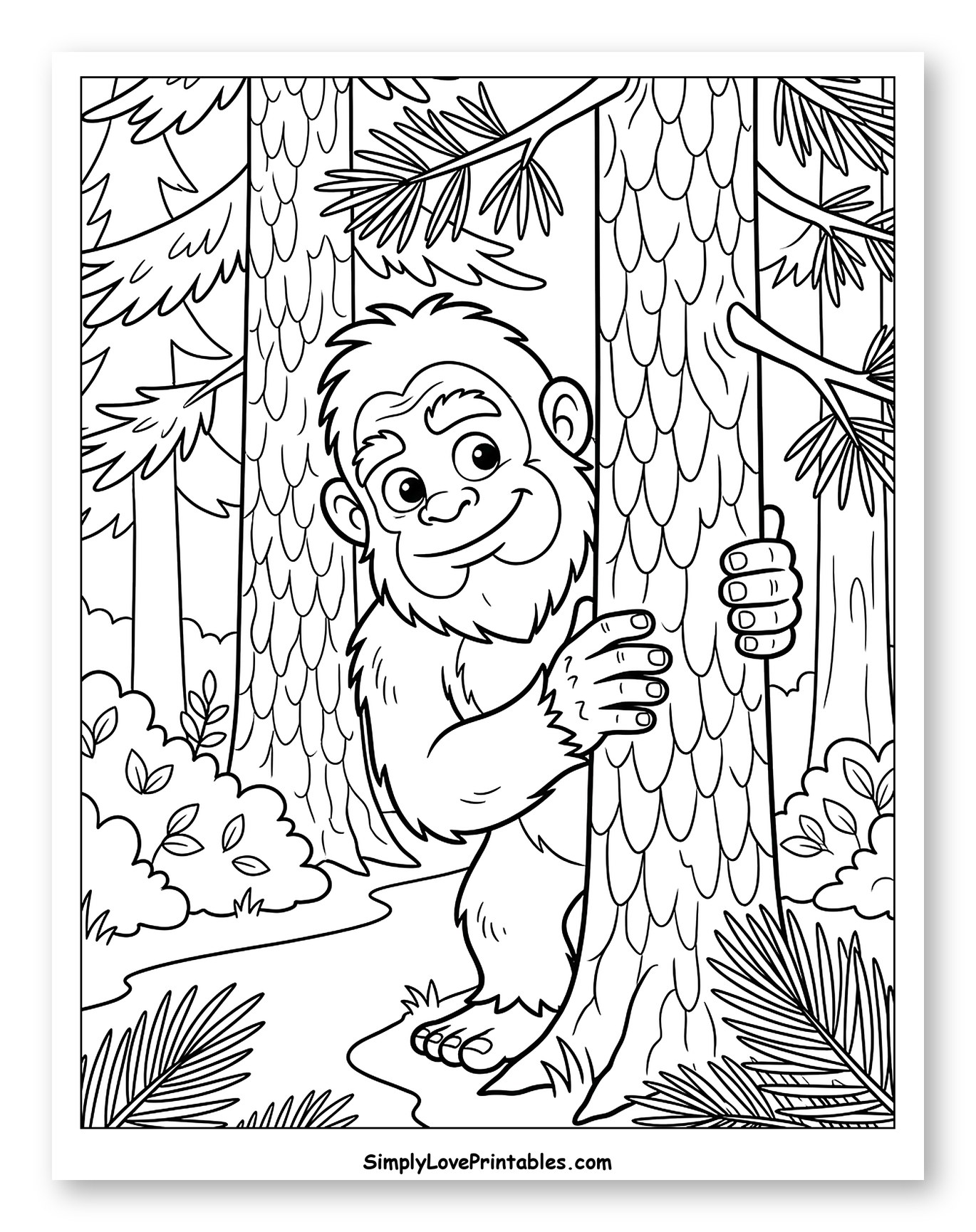 Friendly Bigfoot Peeking From Behind a Tree Coloring Sheet for Kids