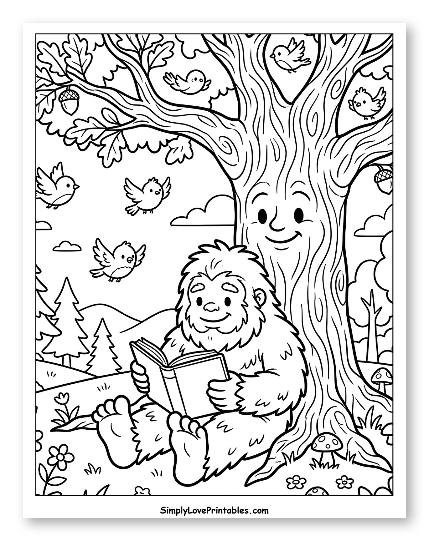 Friendly Bigfoot Reading by a Smiling Tree to Color for Kids