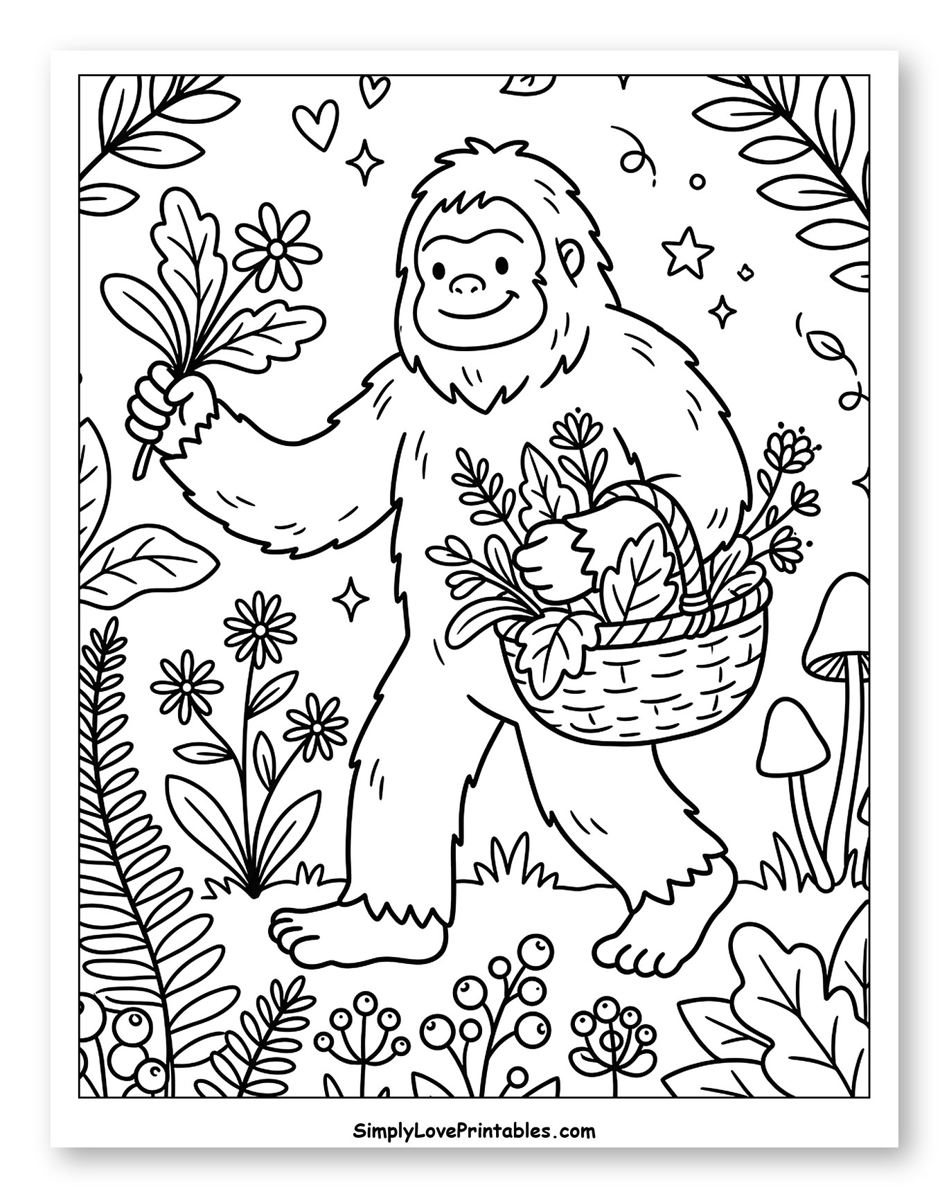 Friendly Bigfoot with Flowers and a Basket to Color for Adults