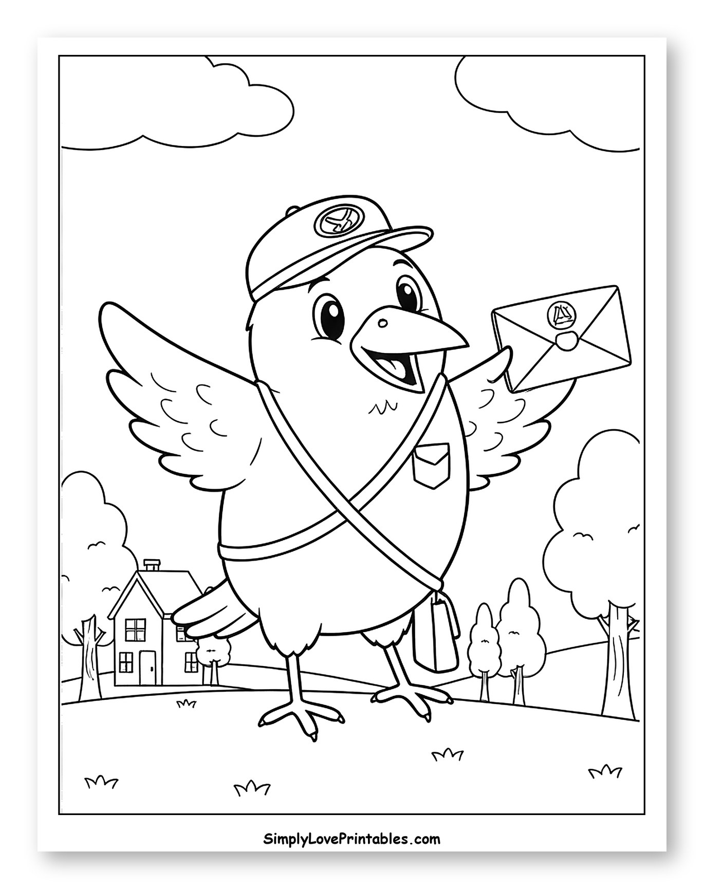 Friendly Bird Mail Carrier Delivering a Letter Coloring Page for Kids