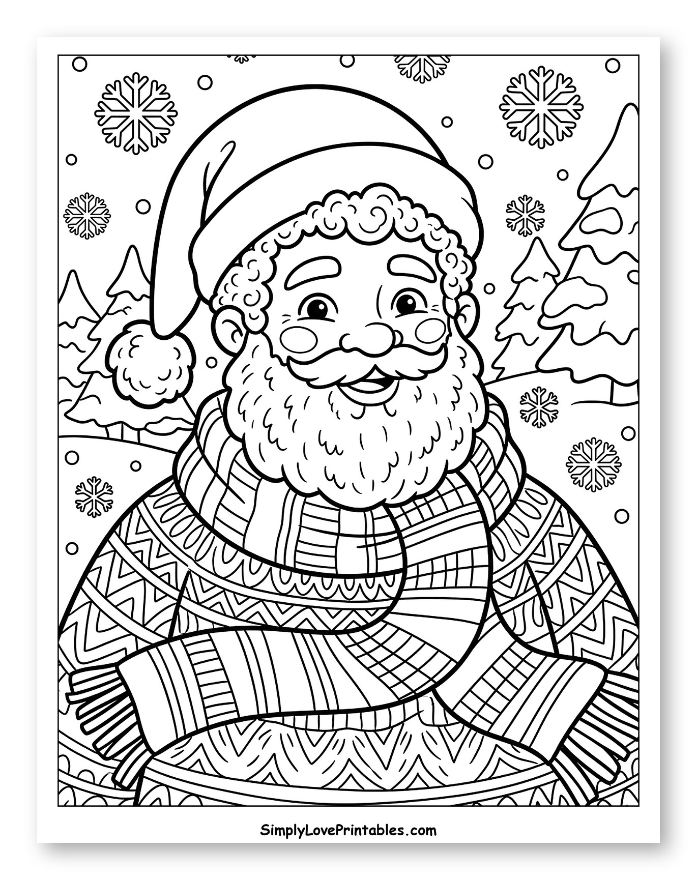 Friendly Black Santa in a Cozy Winter Sweater Coloring Sheet for Kids
