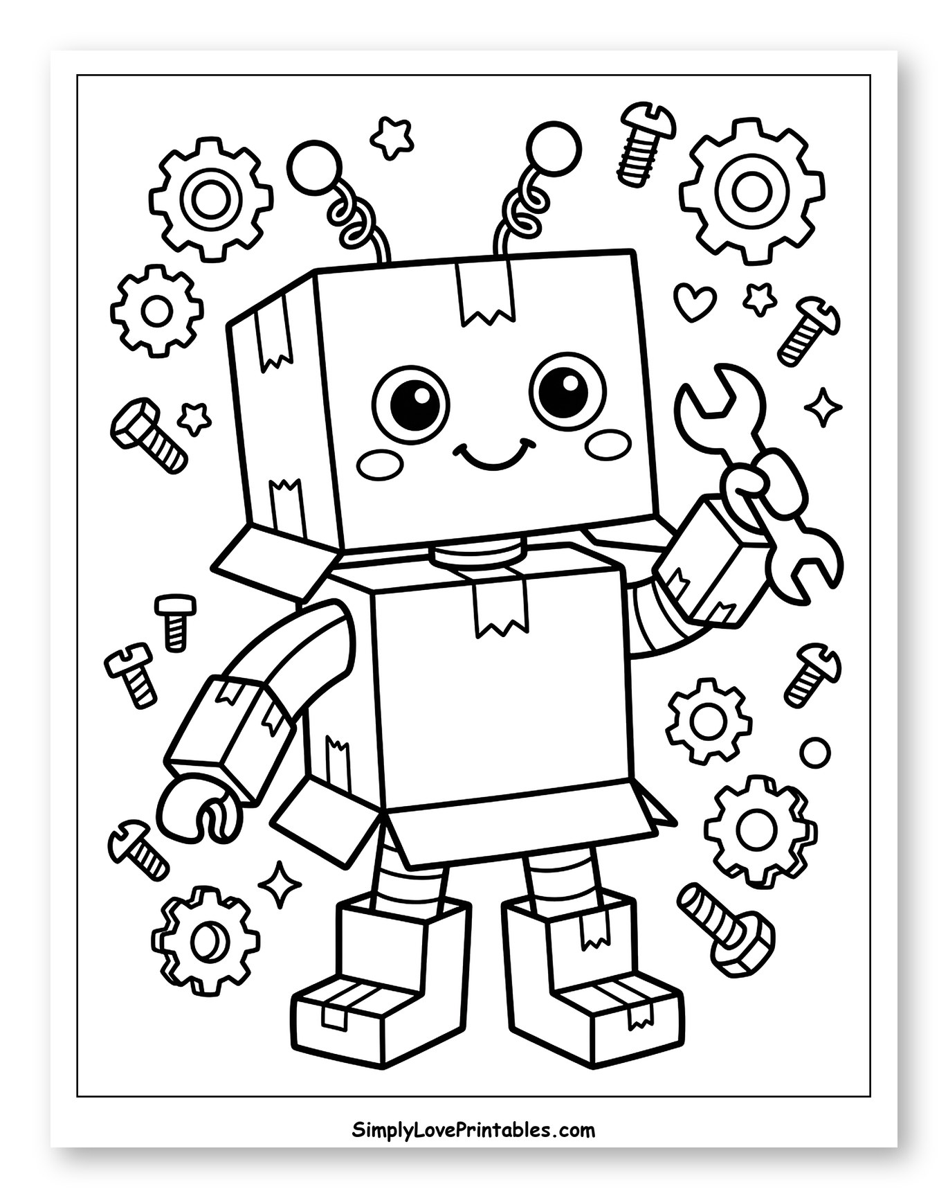 Friendly Box Robot and Scattered Gears to Color for Kids