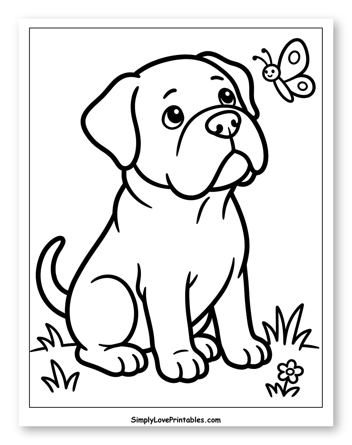 Friendly Bullmastiff Puppy Watching a Butterfly Coloring Page for Toddlers