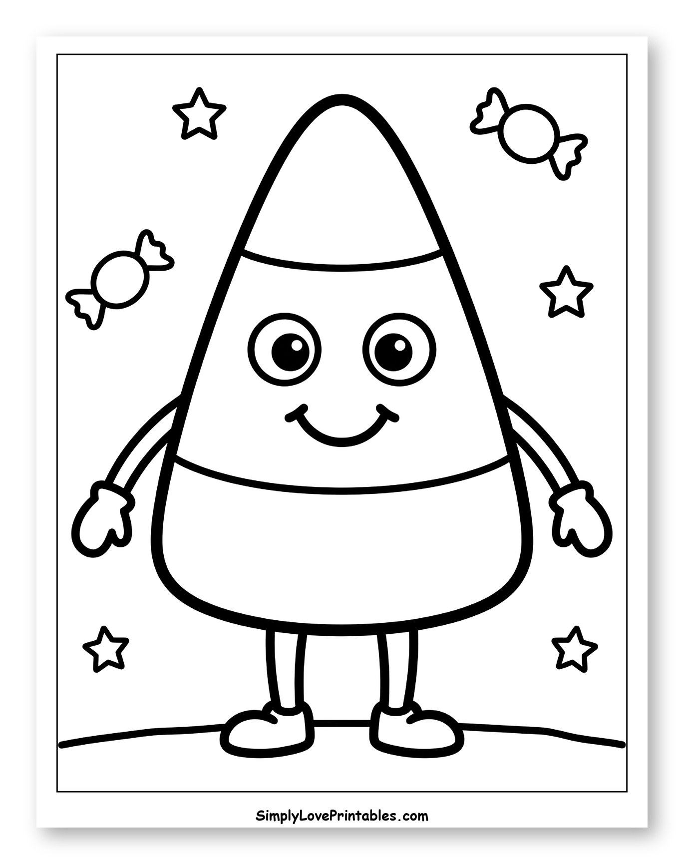Friendly Candy Corn Character with Candies and Stars Coloring Page for Toddlers