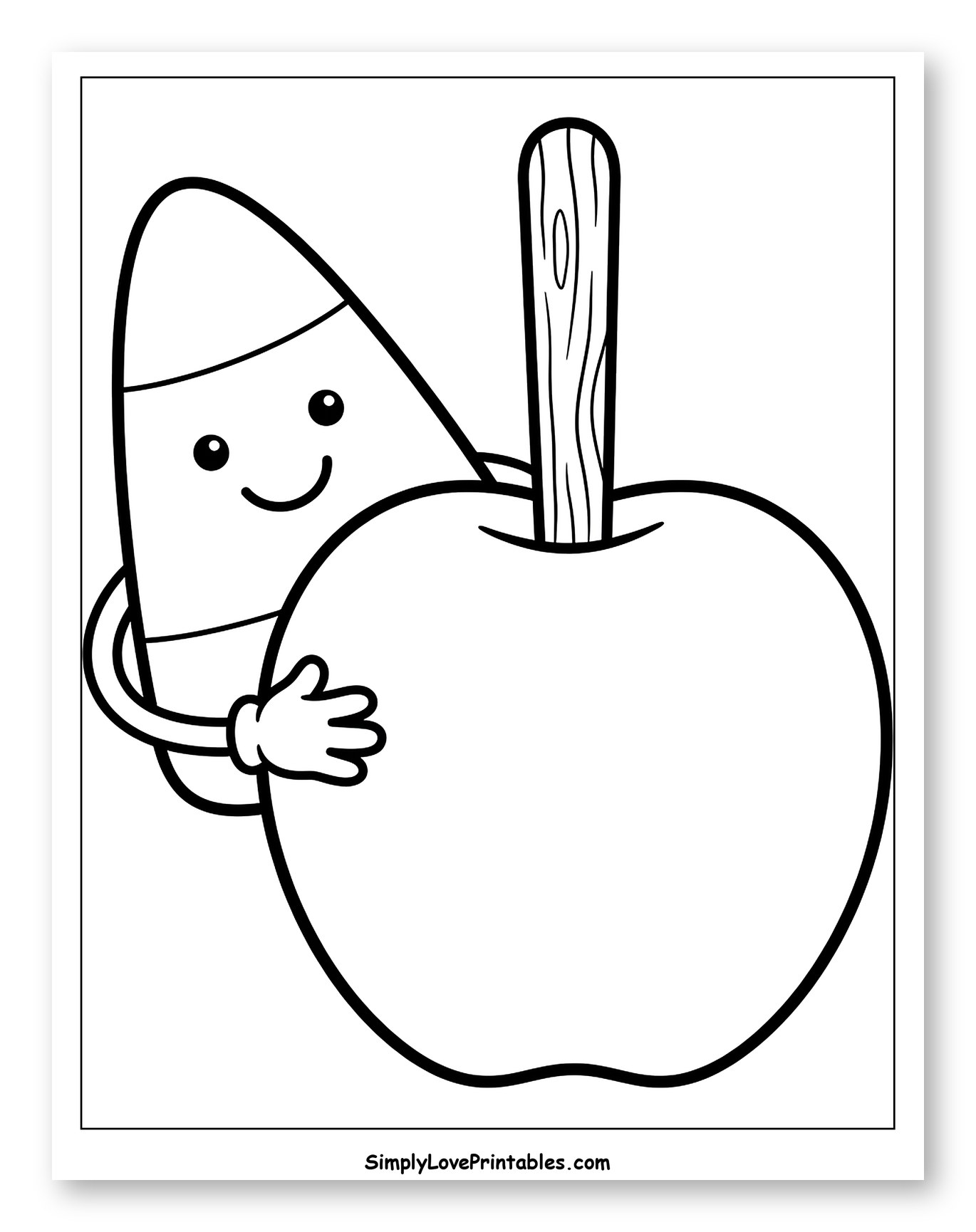 Friendly Candy Corn Hugging a Caramel Apple Coloring Sheet for Toddlers