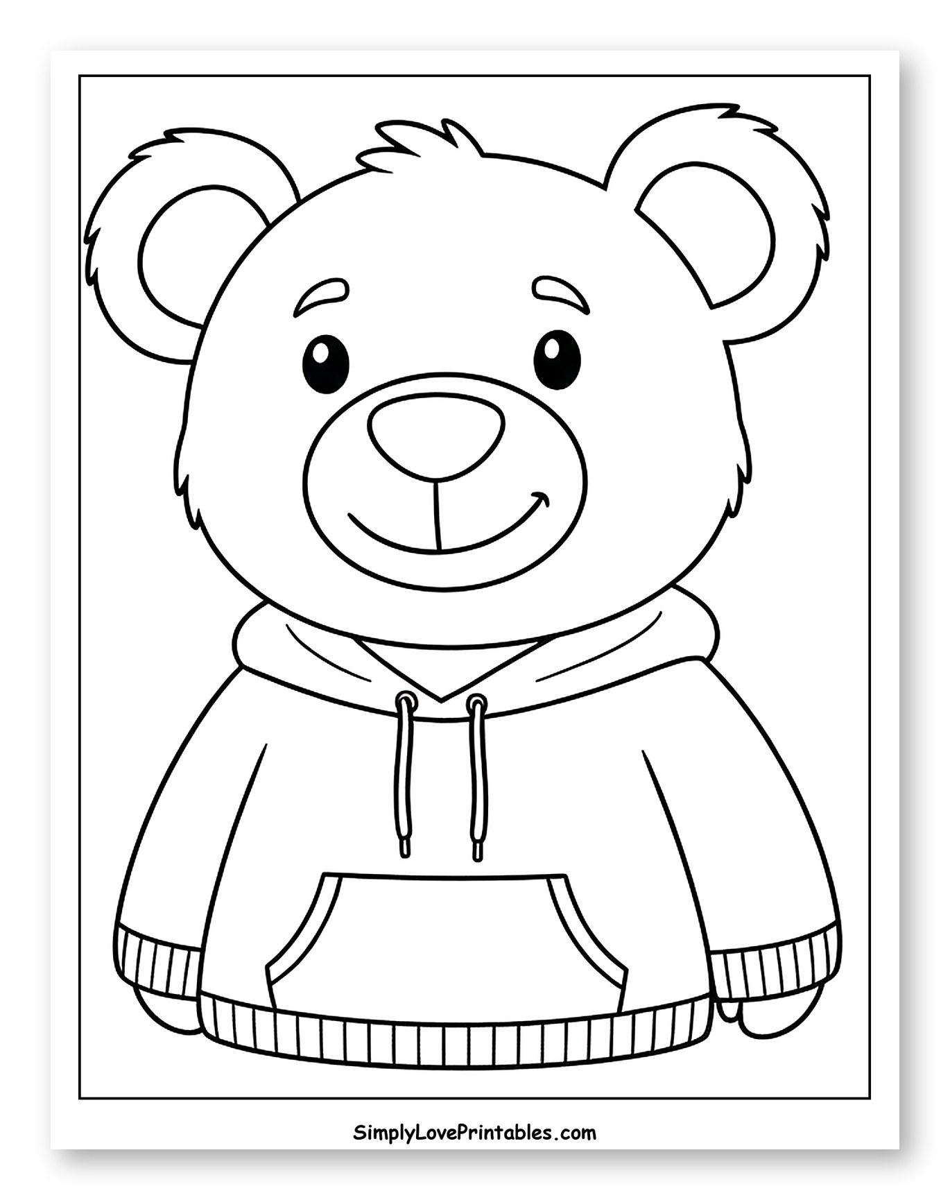 Friendly Cartoon Bear in a Hoodie Coloring Sheet for Toddlers