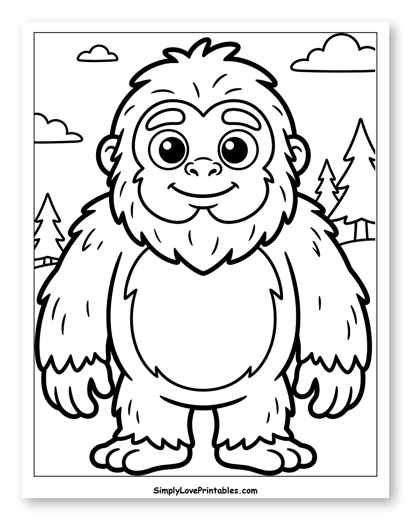 Friendly Cartoon Bigfoot Forest Scene Coloring Page for Toddlers