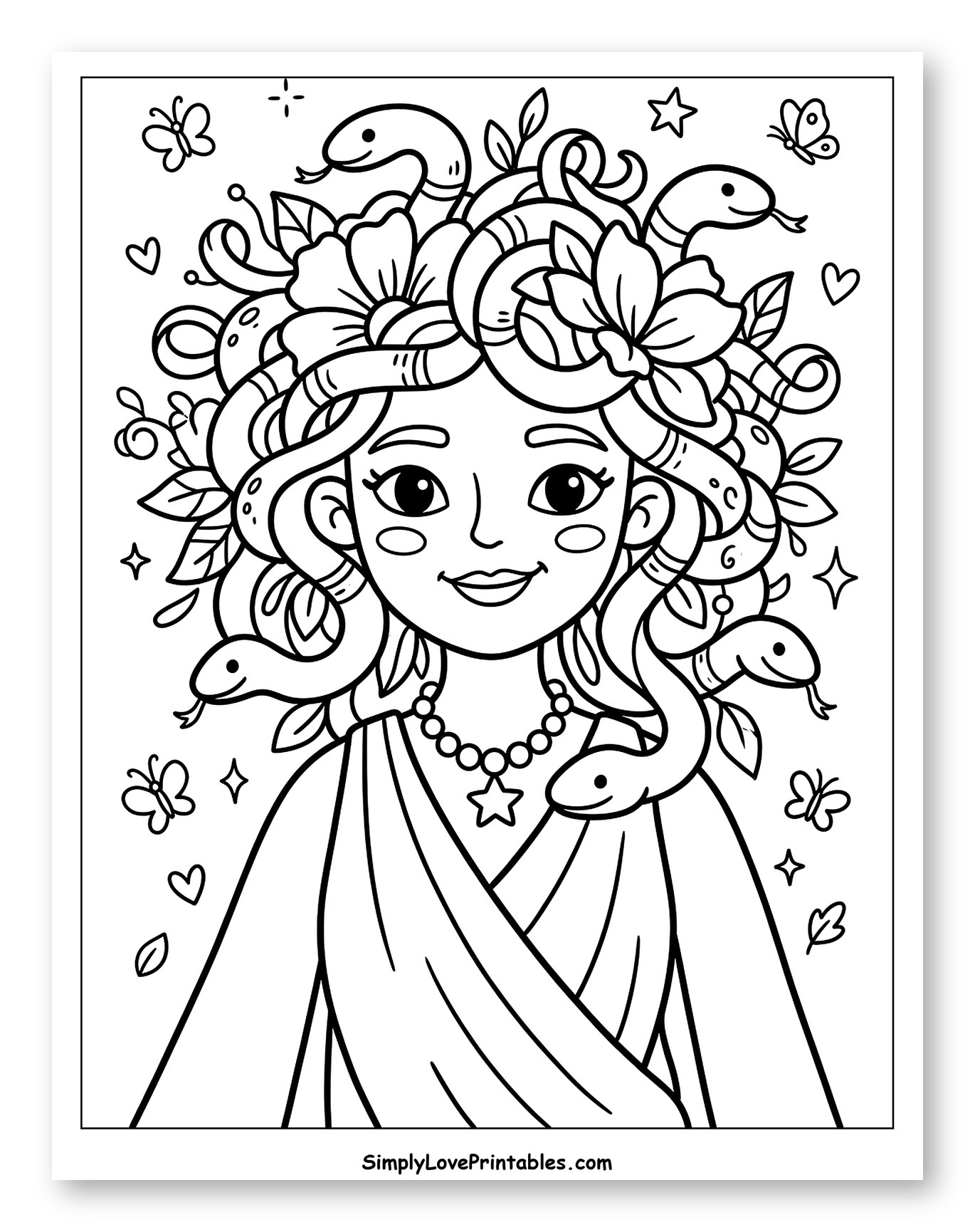 Friendly Cartoon Medusa with Floral Snakes to Color for Adults