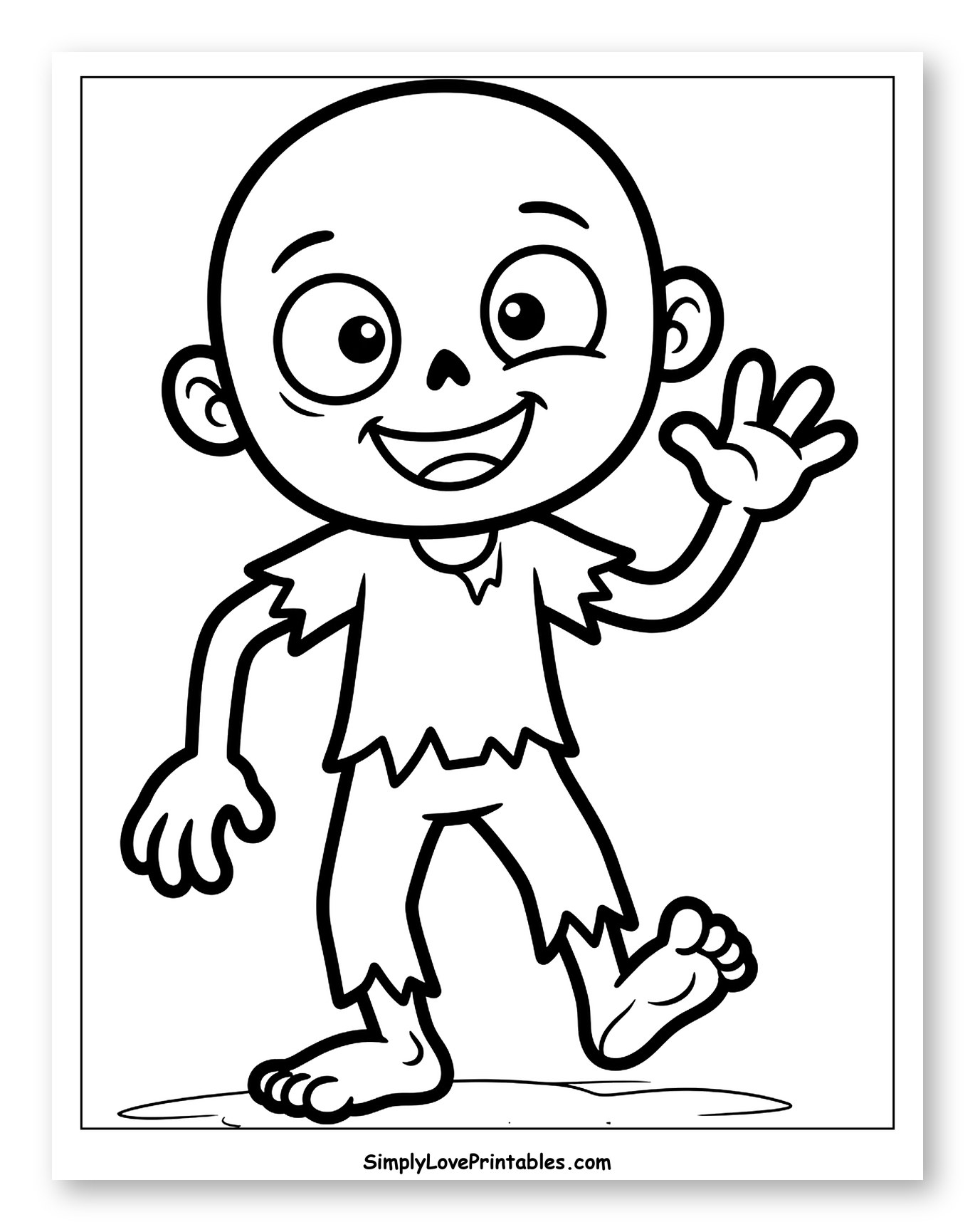 Friendly Cartoon Zombie Waving to Color for Toddlers