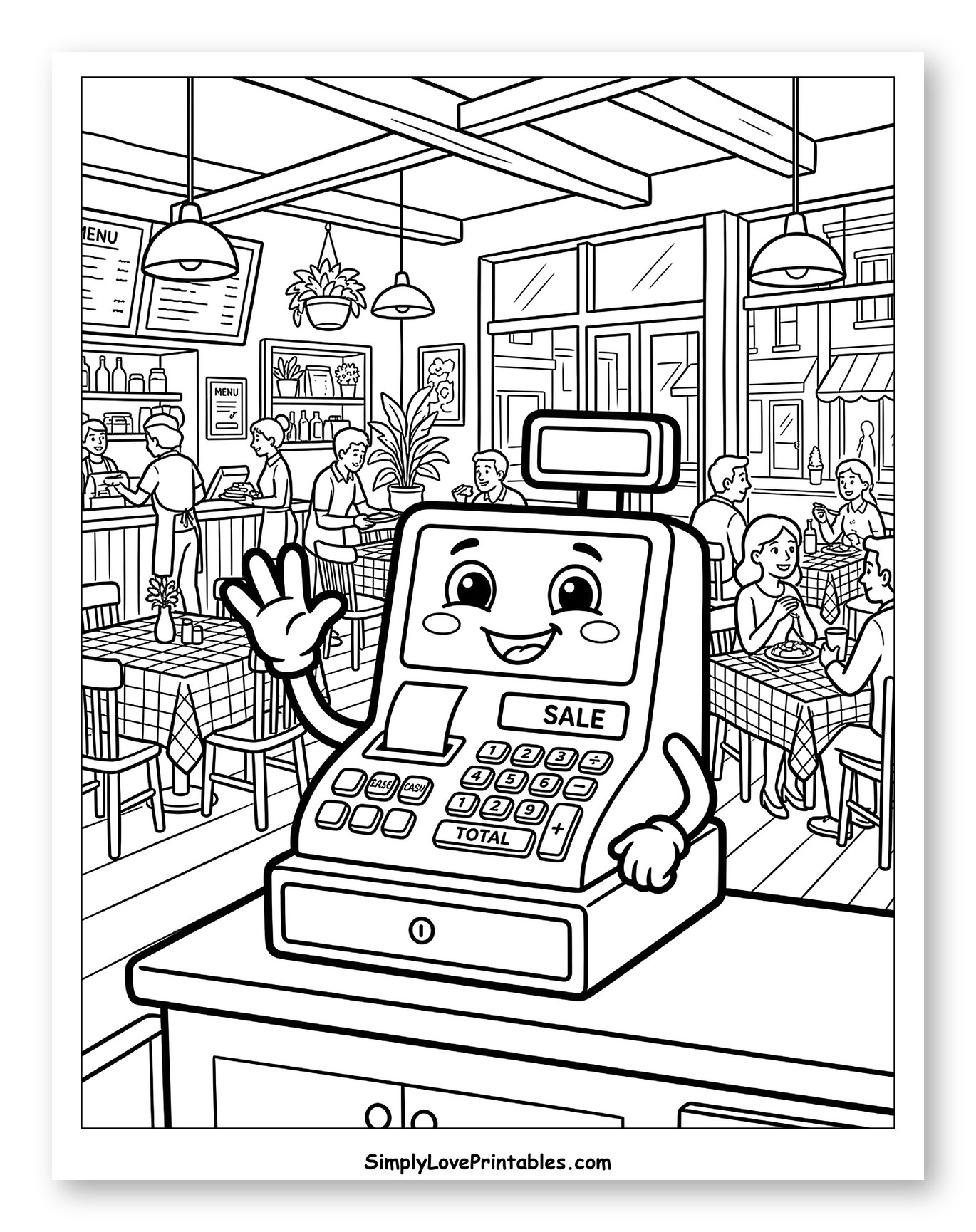 Friendly Cash Register in a Busy Restaurant to Color for Toddlers