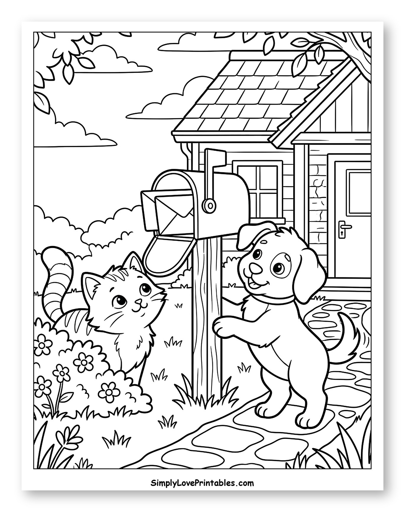 Friendly Cat and Dog by Mailbox and House