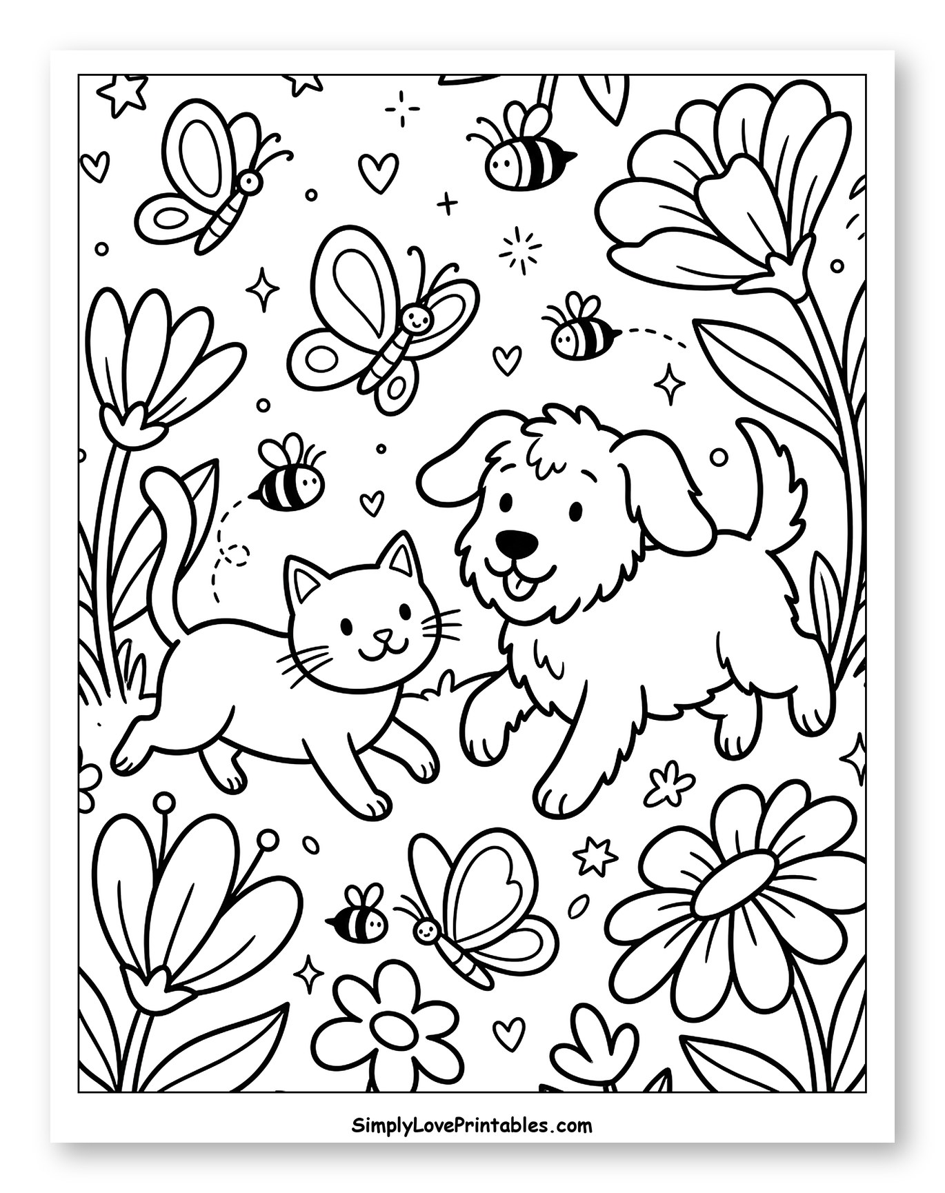Friendly Cat and Dog in a Spring Garden to Color for Adults