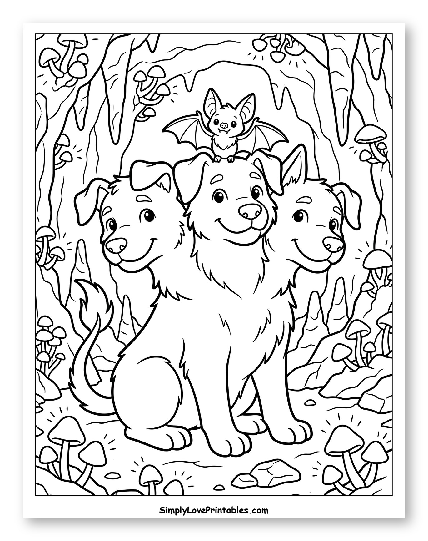 Friendly Cerberus and Bat in a Glowing Cave Coloring Sheet for Kids