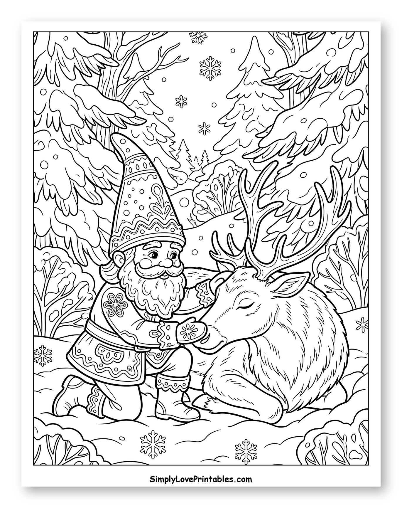 Friendly Christmas Gnome and Resting Reindeer to Color