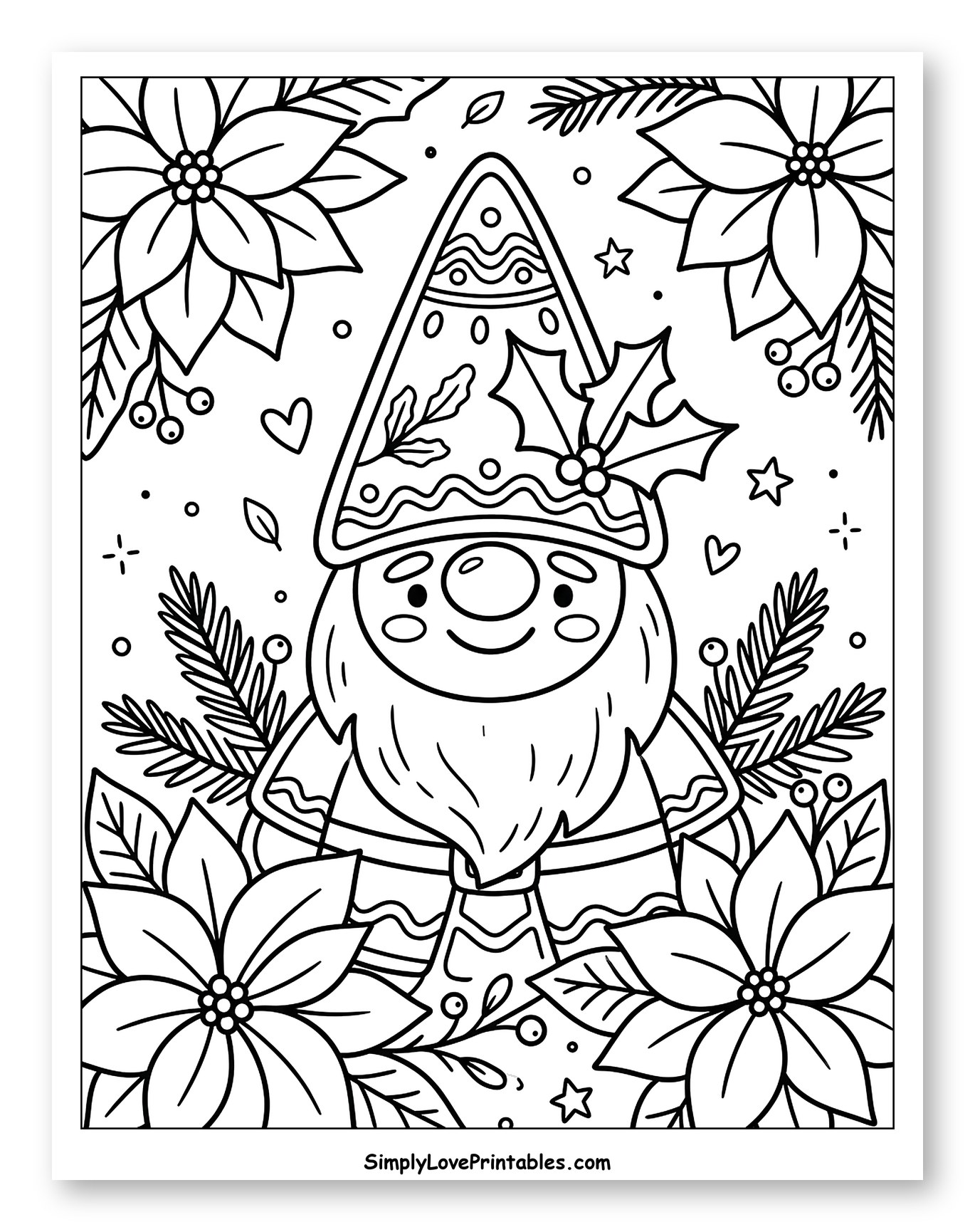 Friendly Christmas Gnome Surrounded by Poinsettias Coloring Sheet for Adults
