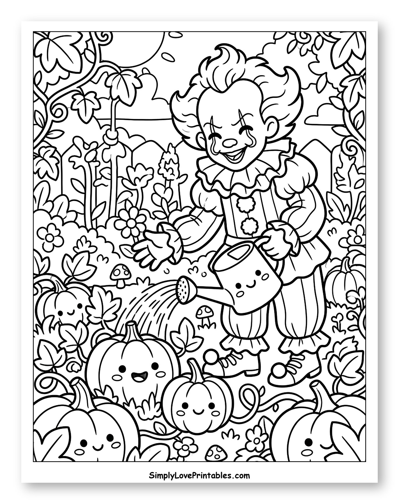 Friendly Clown Watering Happy Pumpkins