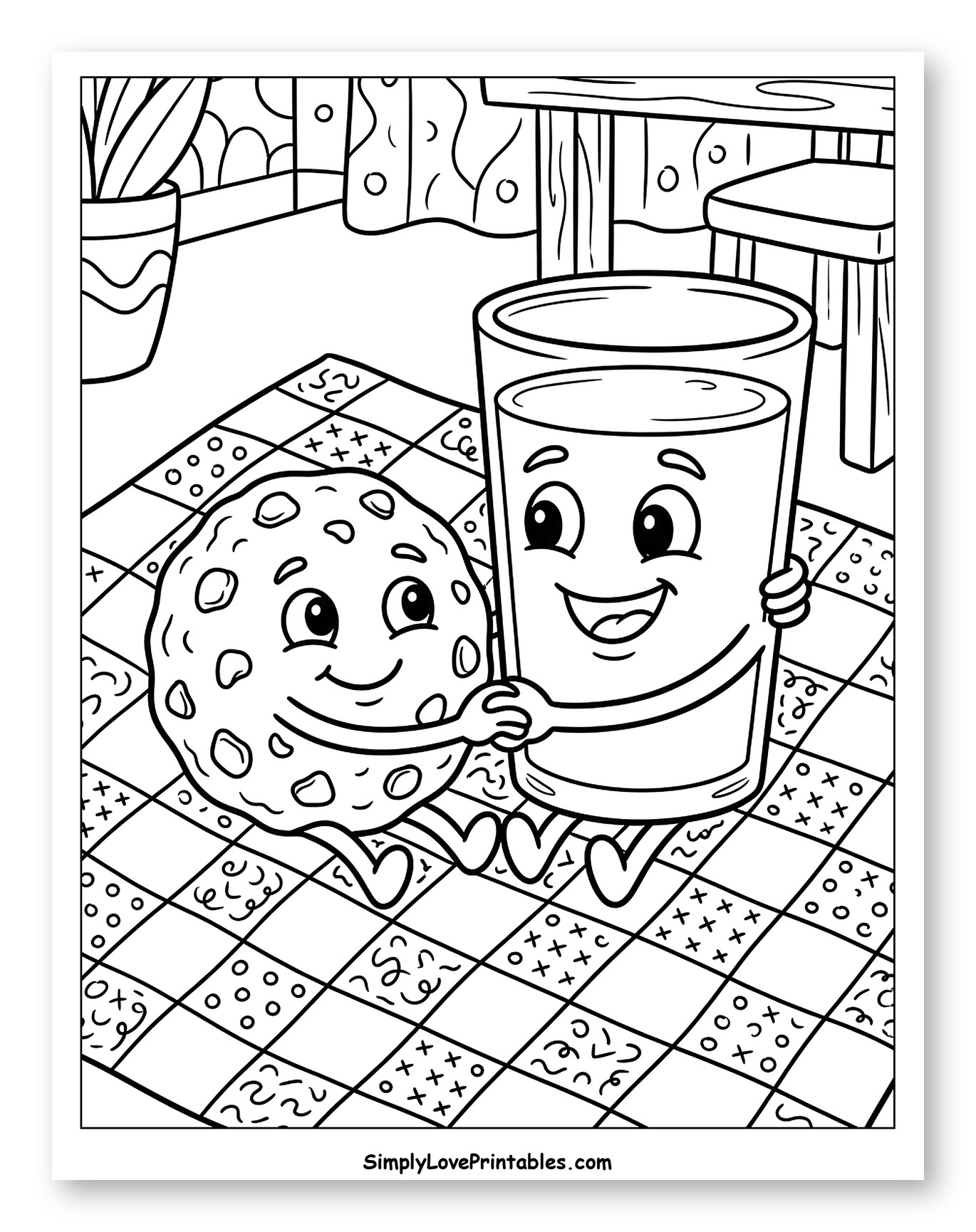 Friendly Cookie and Milk Holding Hands Coloring Page for Kids