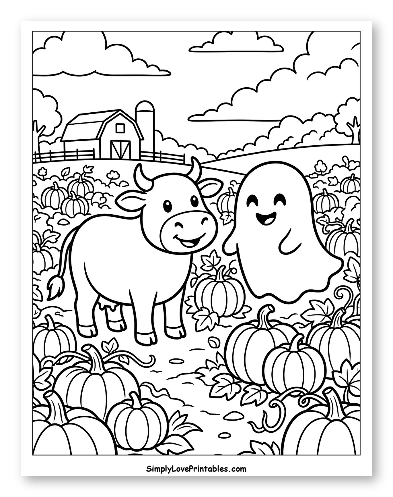 Friendly Cow and Ghost in Autumn Field Coloring Sheet for Kids