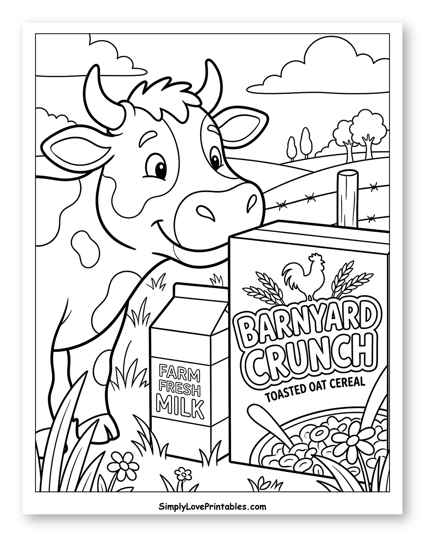 Friendly Cow with Cereal and Milk on a Farm