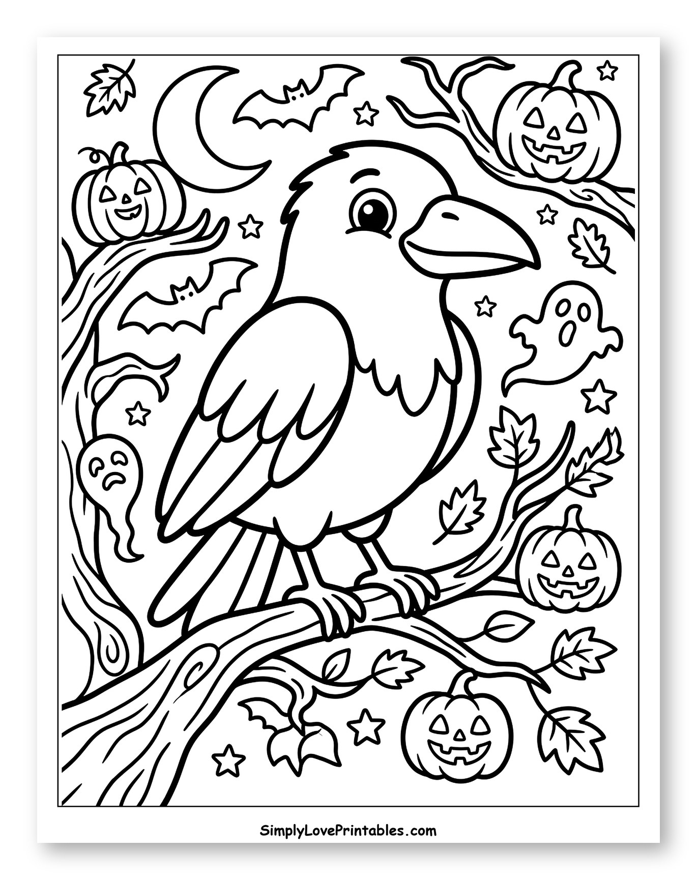 Friendly Crow on a Spooky Halloween Night Coloring Page for Toddlers