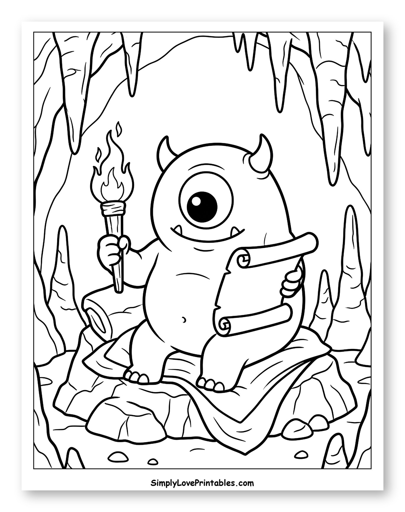Friendly Cyclops Exploring Cave with Scroll