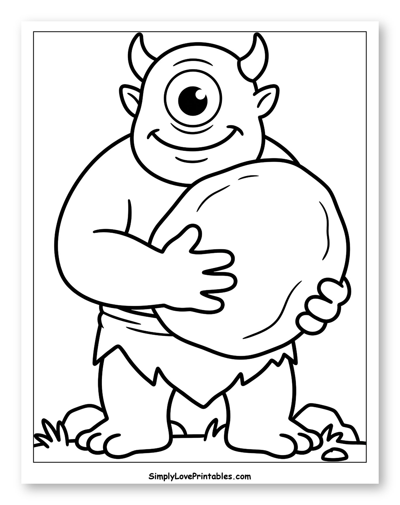 Friendly Cyclops Monster Holding a Large Rock Coloring Sheet for Toddlers