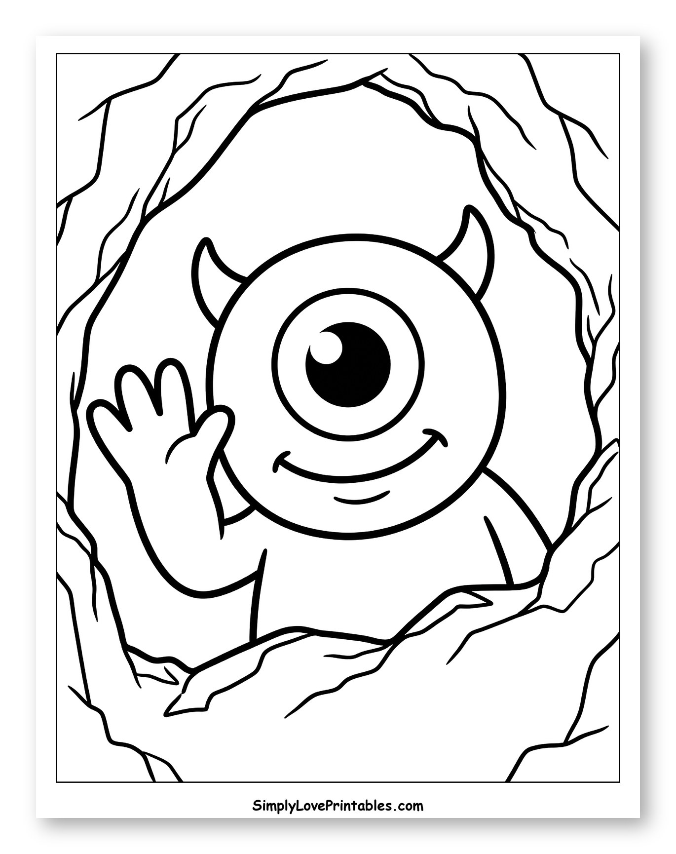 Friendly Cyclops Waving from Behind Roots Coloring Page for Toddlers
