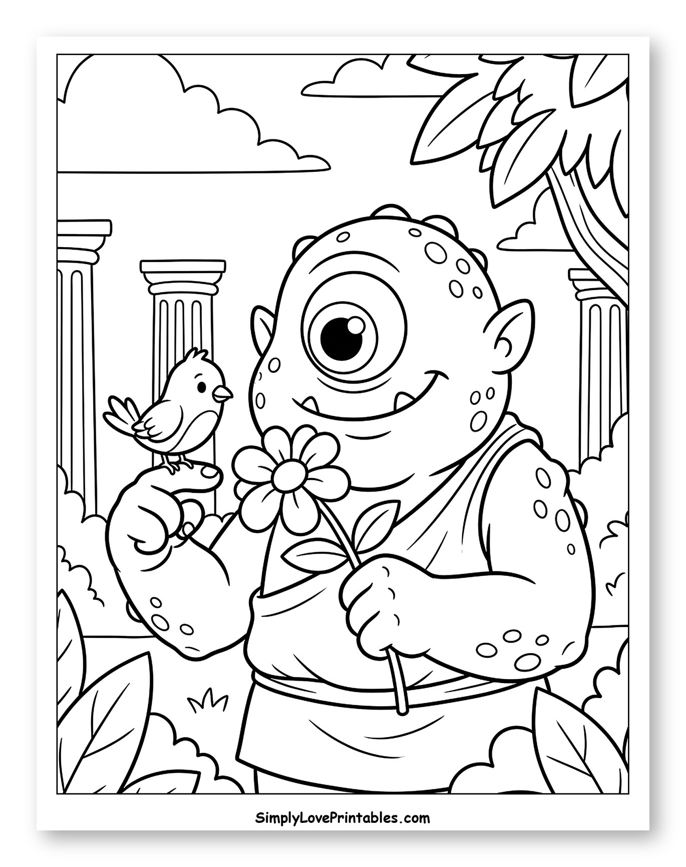 Friendly Cyclops with Bird and Flower Coloring Page for Kids