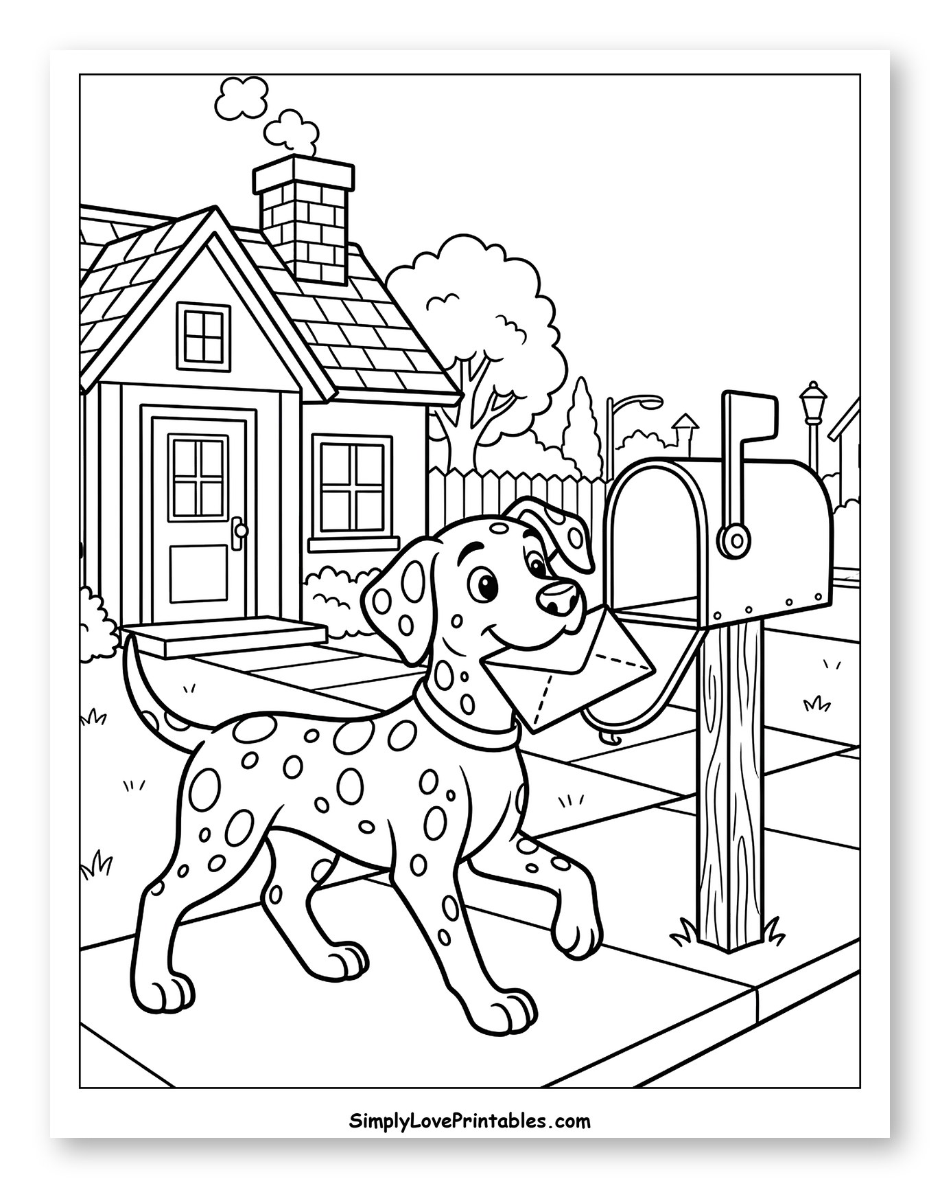 Friendly Dalmatian Carrying a Letter Coloring Page for Kids