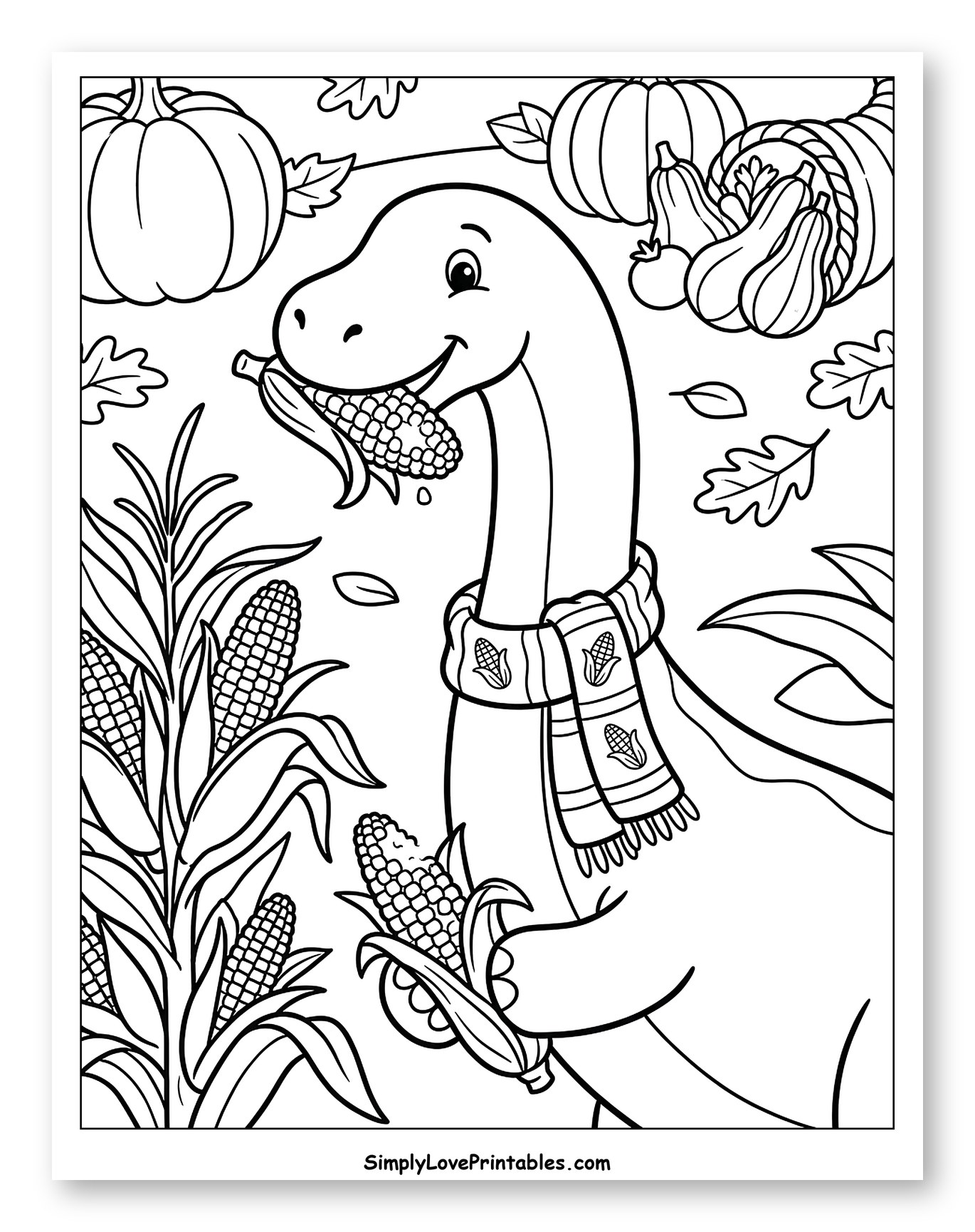 Friendly Dinosaur Enjoying Autumn Corn Harvest Coloring Sheet for Kids