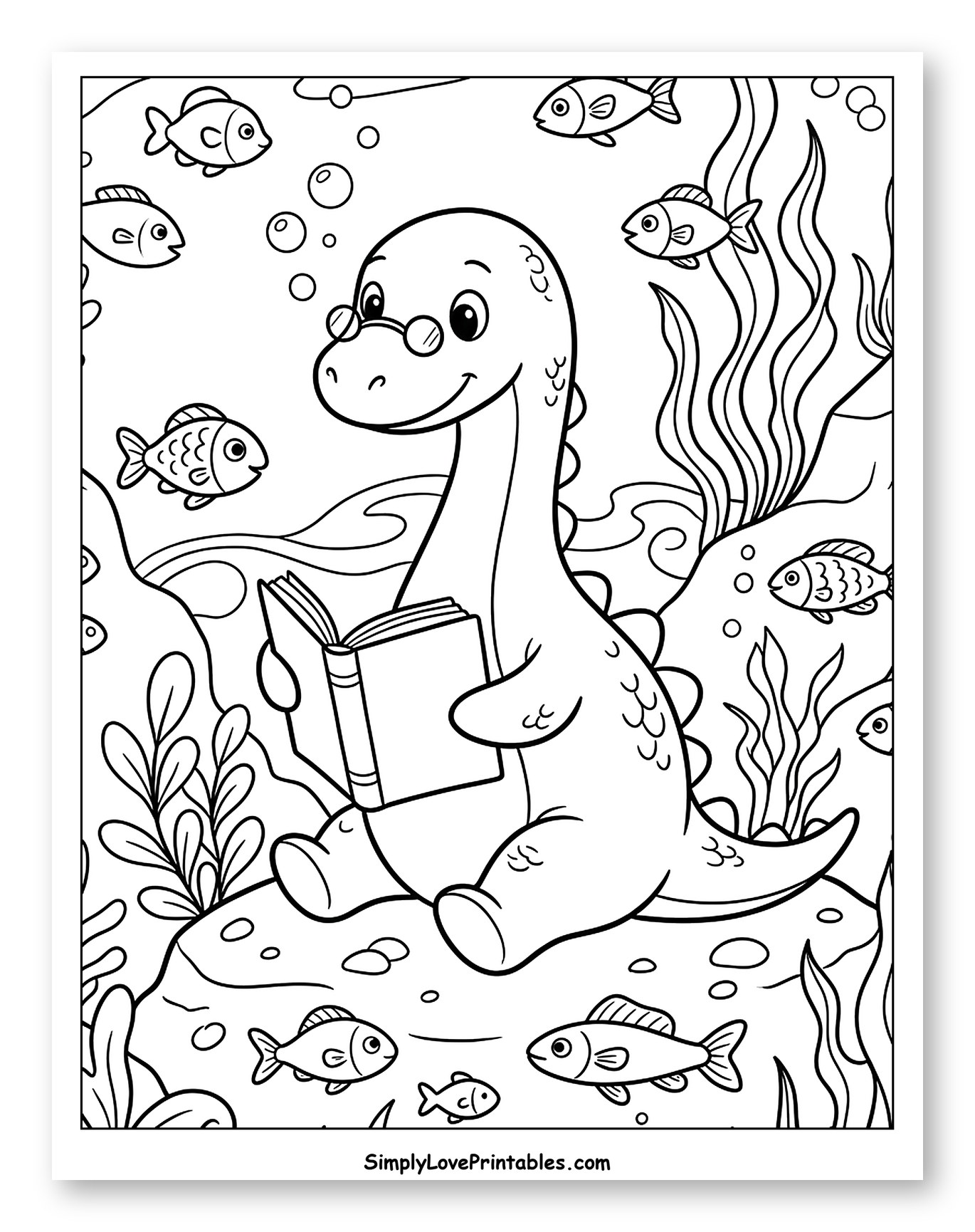 Friendly Dinosaur Reading a Book Underwater
