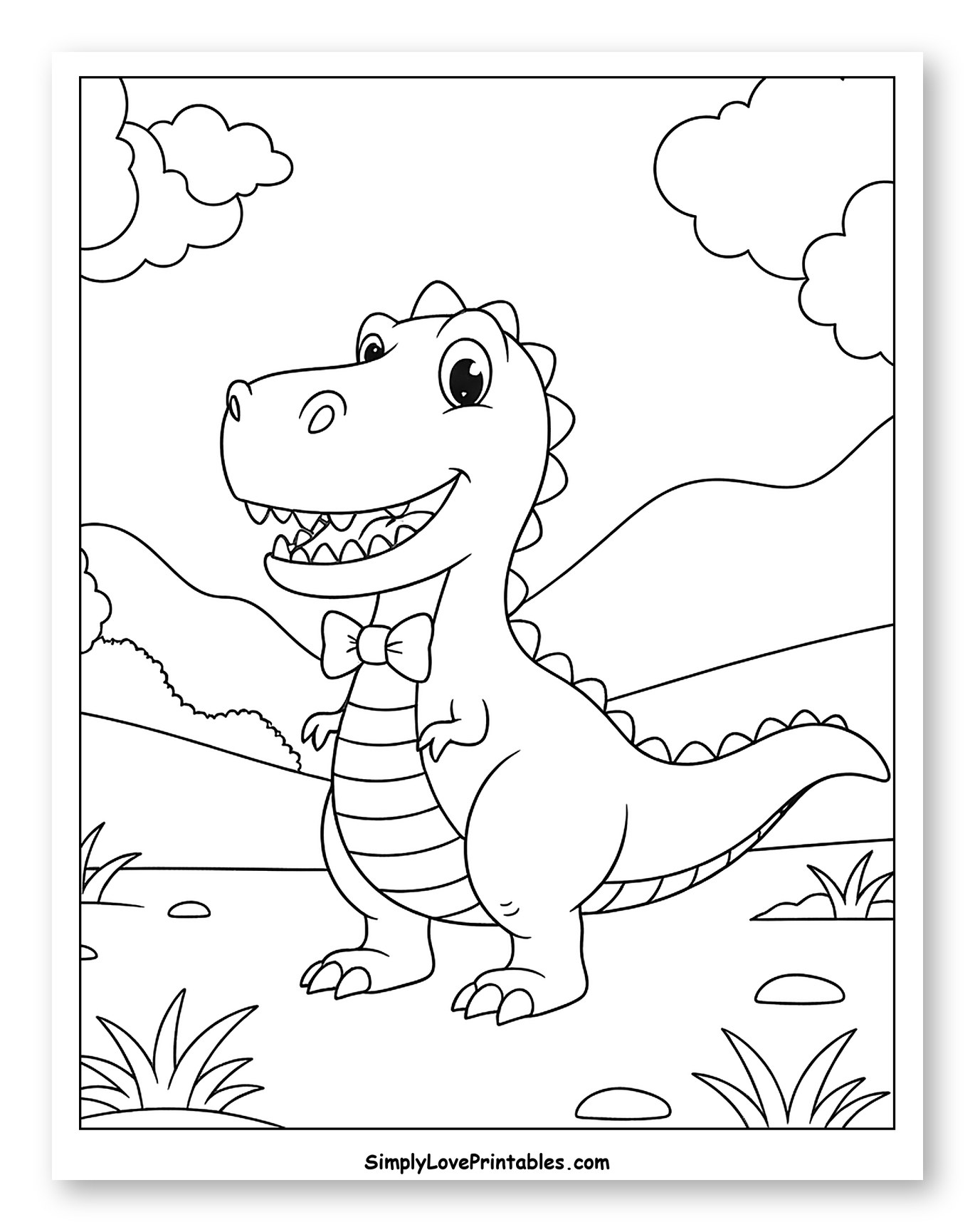 Friendly Dinosaur with Bow Tie Outdoors to Color for Kids